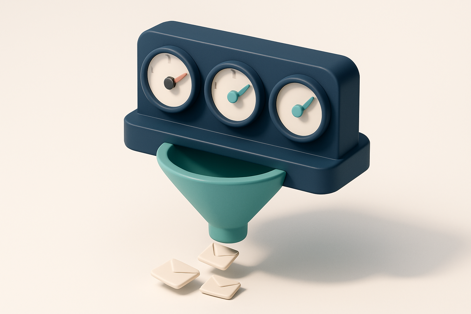 In-body 1: an isometric dashboard with dials indicating 'hard bounces', 'soft bounces', and 'deliverability', a funnel beneath showing flowing emails