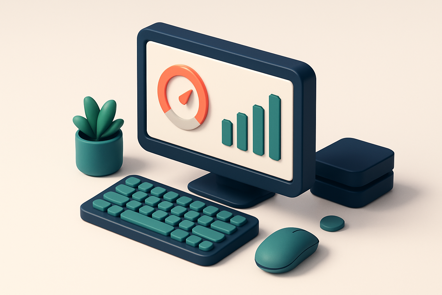 In-body 1: an isometric scene showing a computer with a dashboard displaying open rate statistics for Friday.