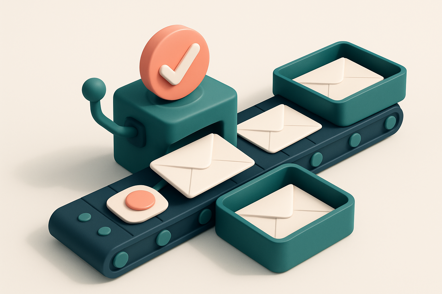In-body 1: an isometric scene of a conveyor belt sorting emails into 'verified' and 'unverified' trays, with spam traps being pulled aside.