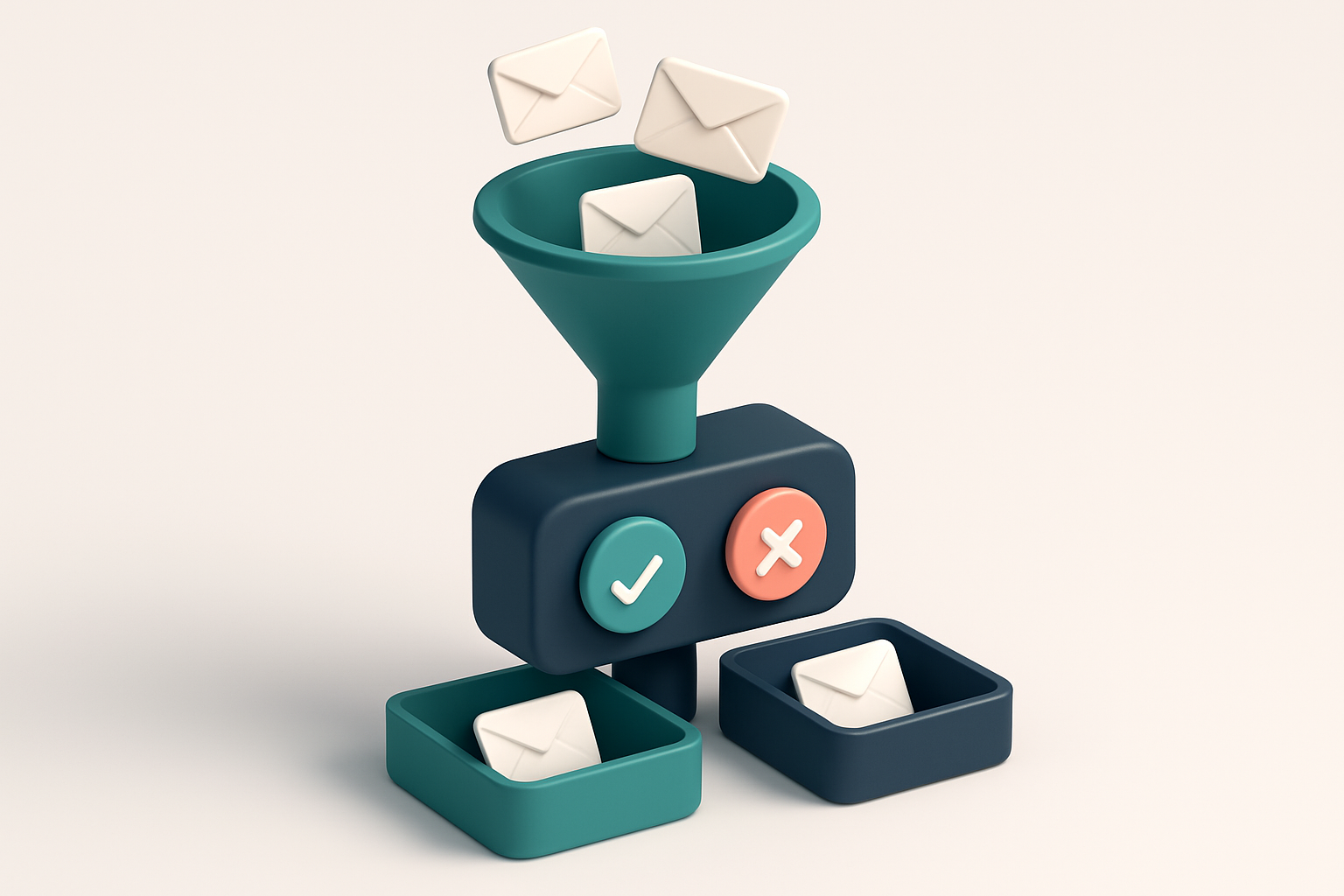 In-body 1: an isometric scene showing a funnel collecting emails, with a filter system verifying and sorting them into accepted and rejected trays.