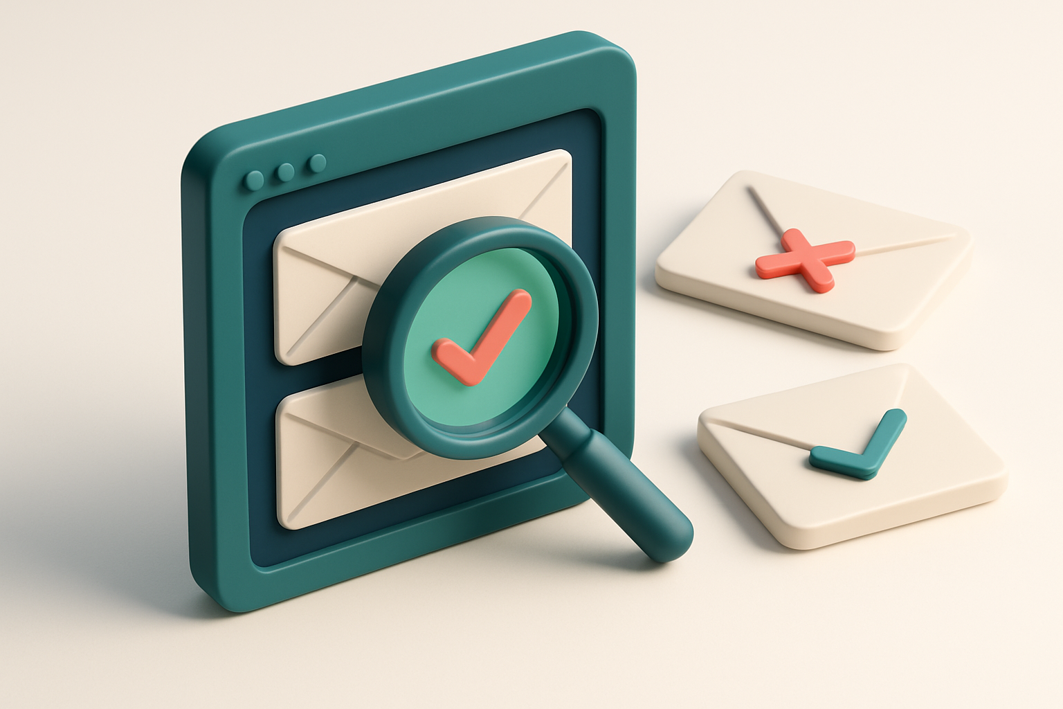 In-body 1: an isometric email inbox with envelopes being scanned and verified with checkmarks and exes using a digital magnifying glass