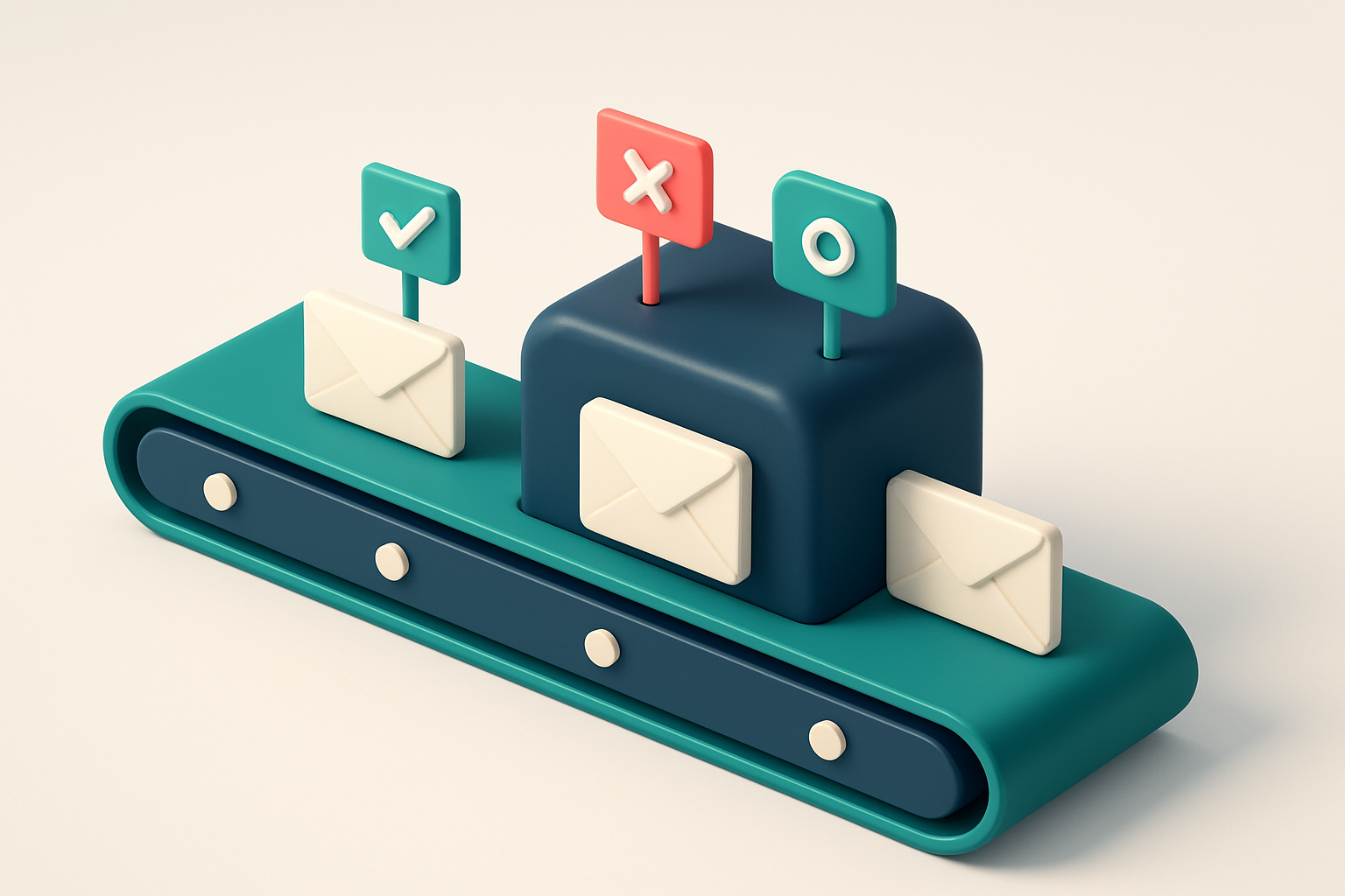 In-body 1: a conveyor belt system examining email envelopes, flags indicating 'valid', 'invalid', and 'catch-all' statuses.