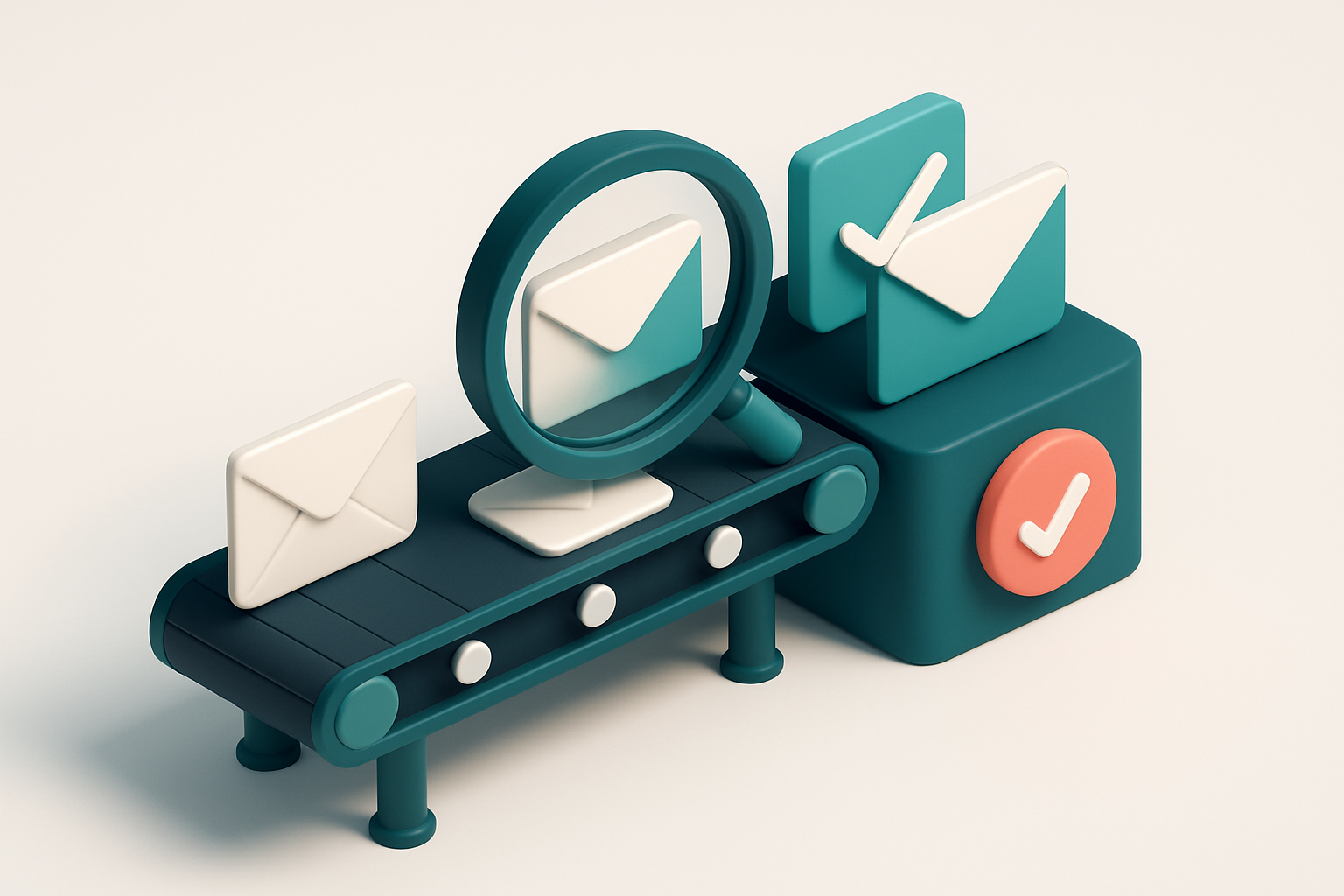 In-body 1: an isometric scene of a conveyor belt vetting emails with a magnifying glass and a checkmark on correct ones