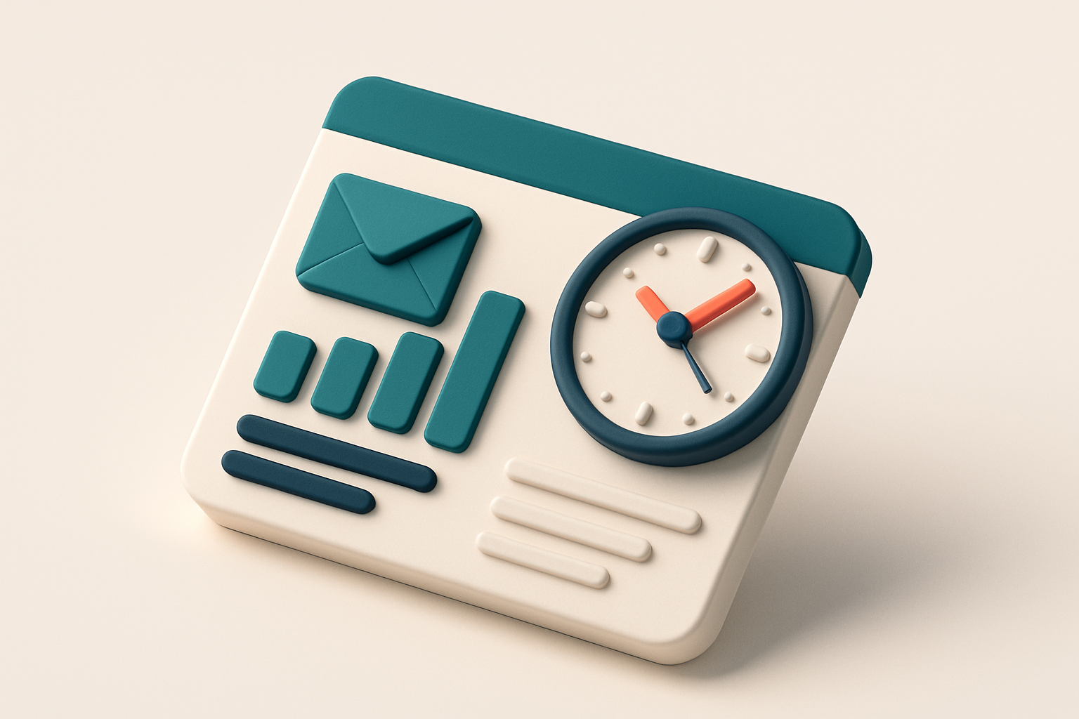 In-body 1: An isometric dashboard with email open rates, click rates, and a time clock overlay indicating optimal hours.
