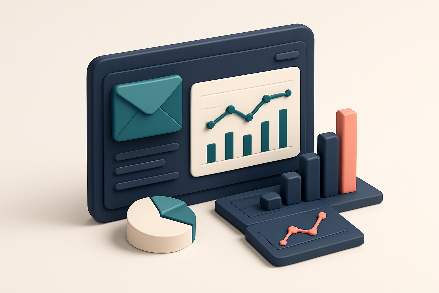 In-body 1: An isometric scene showing an email dashboard with graphs depicting engagement rates and open times