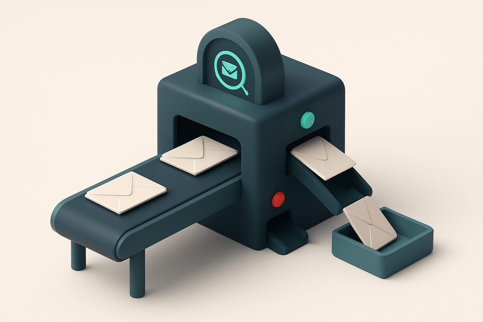 In-body 1: a conveyor belt system with envelopes passing through a verification scanner, sorting into different outputs for valid and invalid emails