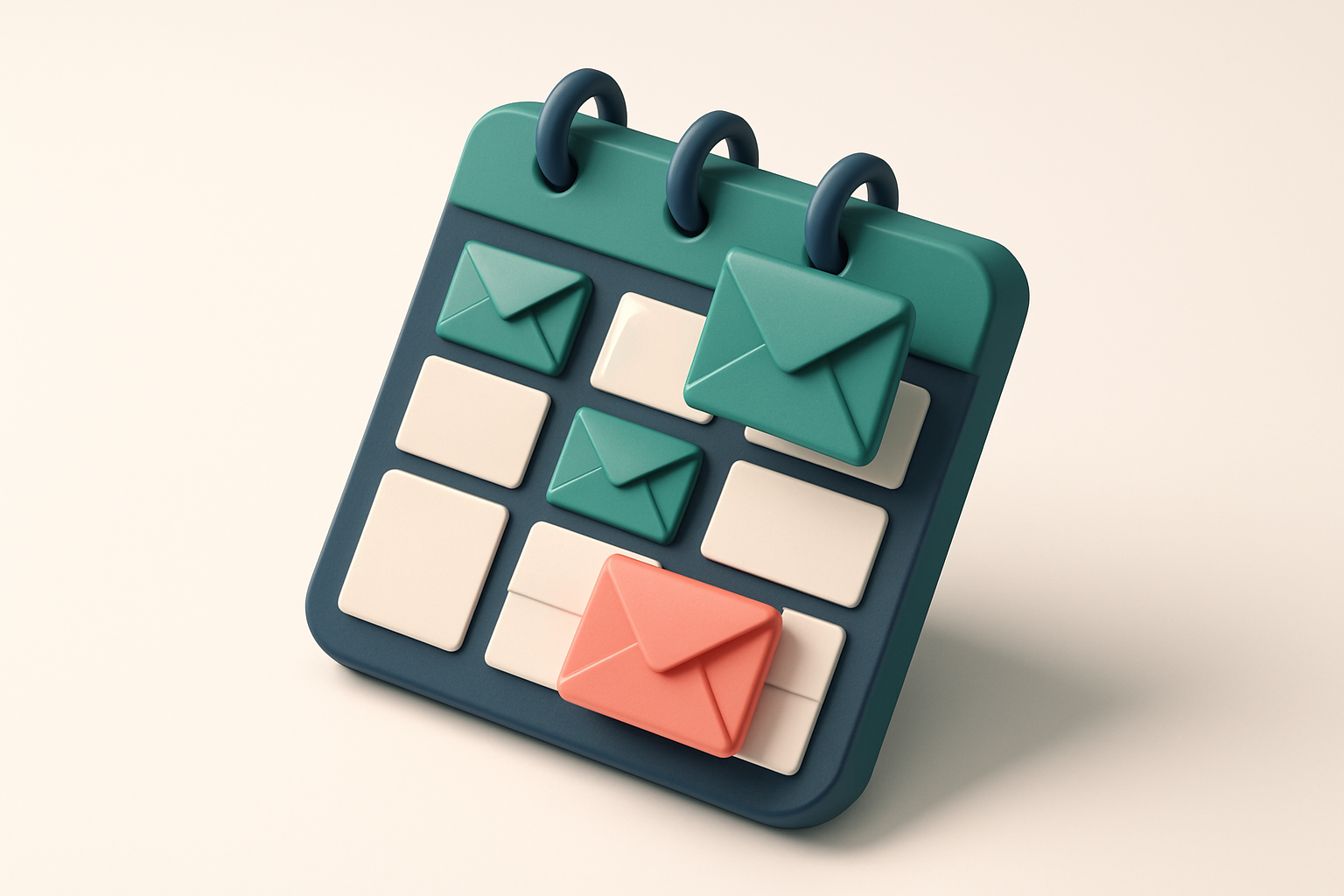 In-body 1: an isometric scene showing a calendar with envelopes being placed on different days, visualizing day-based sending strategies.