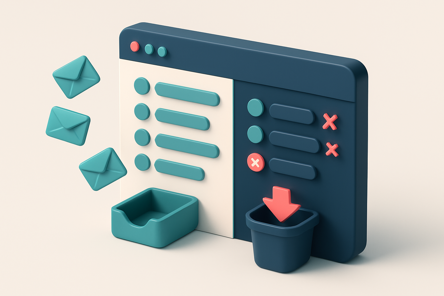 In-body 1: an isometric dashboard showing a split screen, one side with valid emails entering an inbox, the other filtering out invalid emails into a bin