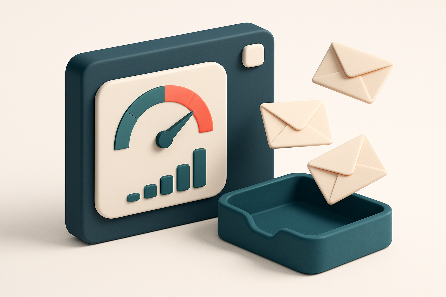In-body 1: An isometric dashboard displaying bounce rate metrics, with a gauge pointing towards the low end and envelopes flying into the inbox.