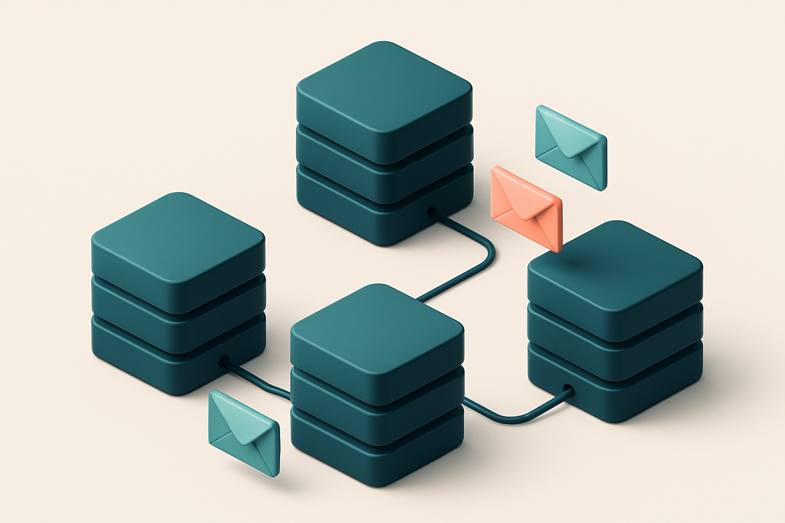 In-body 1: an isometric workspace with multiple interconnected servers labeled 'API', 'Bulk', 'Real-time', exchanging email packets.