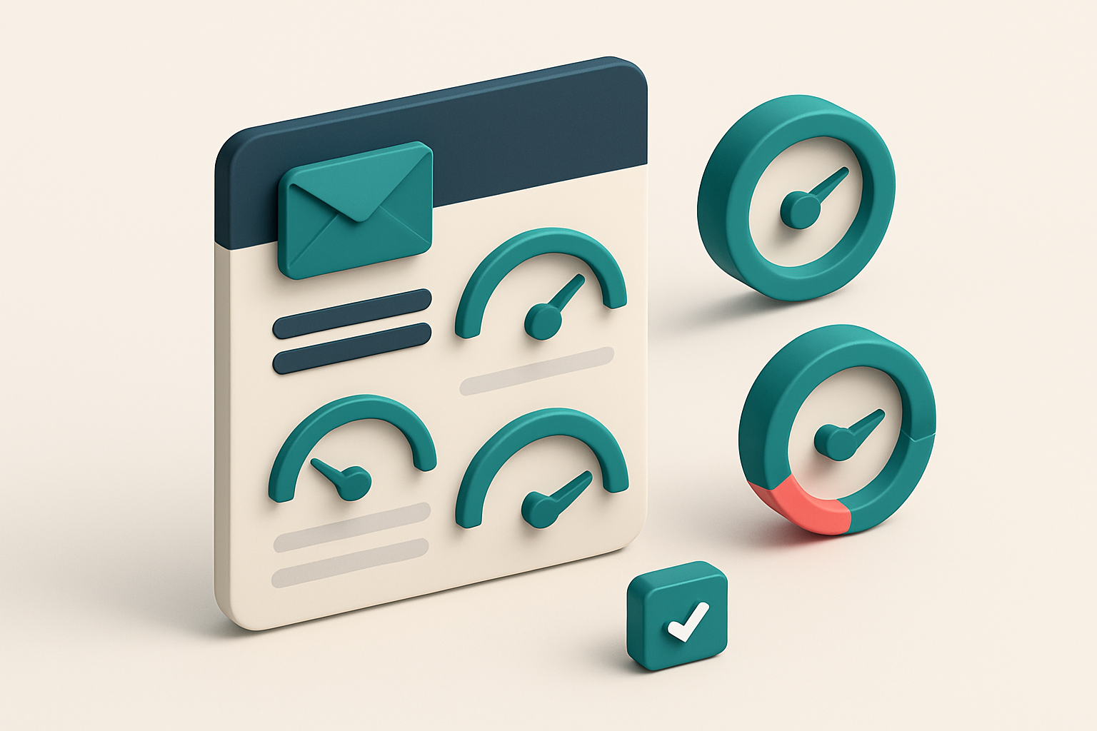 In-body 1: an isometric email dashboard with gauges measuring sender reputation, compliance checks, and successful deliveries