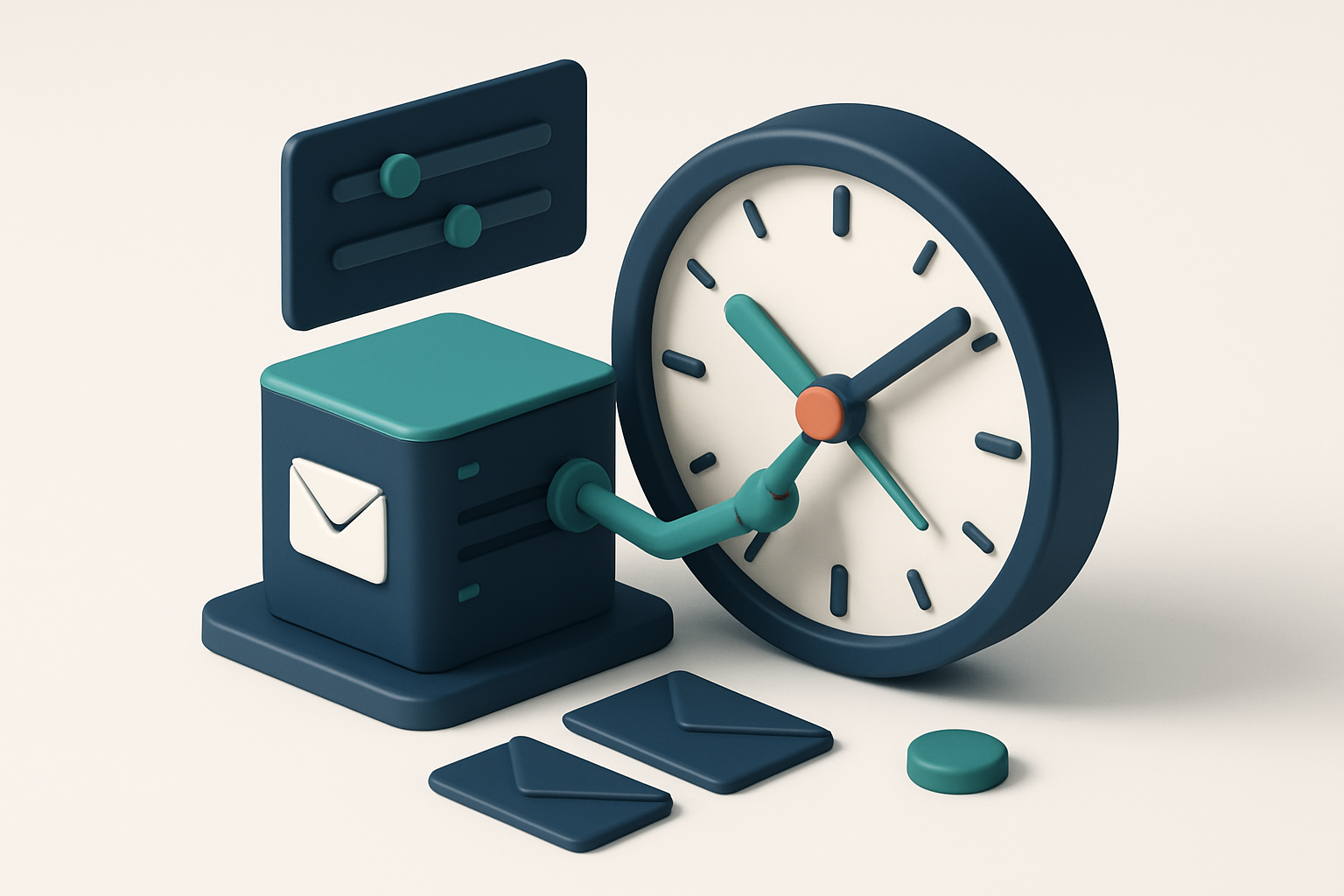 In-body 1: an isometric email server adjusting clock hands, representing dynamic send time adjustments based on data.