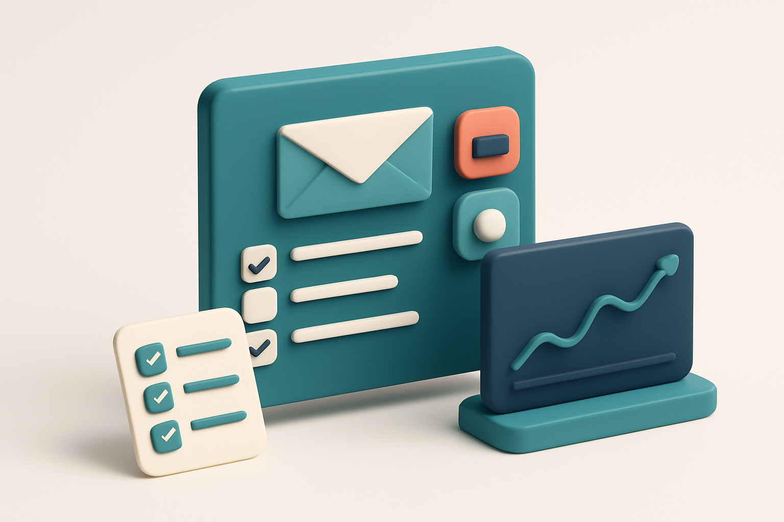 In-body 1: an isometric email dashboard with a checklist of interactive elements like quizzes and polls being added to newsletters, with a graph showing engagem