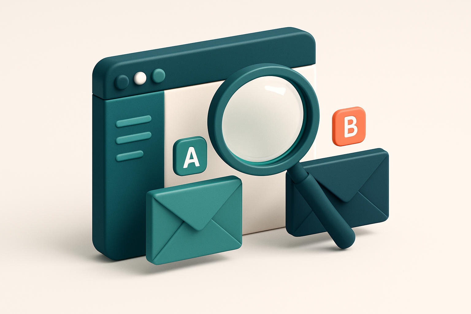 In-body 1: An isometric scene showing an email client with two different envelopes being evaluated for A/B testing, a magnifying glass hovering over them.