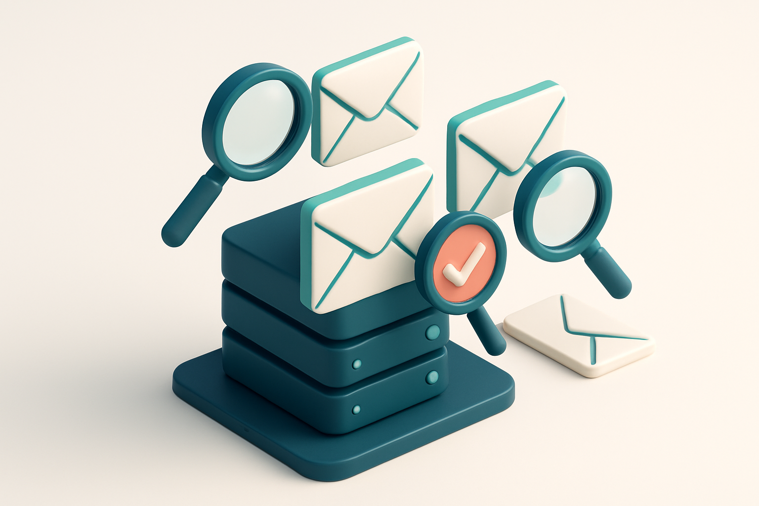 In-body 1: an isometric scene of a server room where emails are being scanned and sorted, with magnifying glasses and check marks indicating verification.