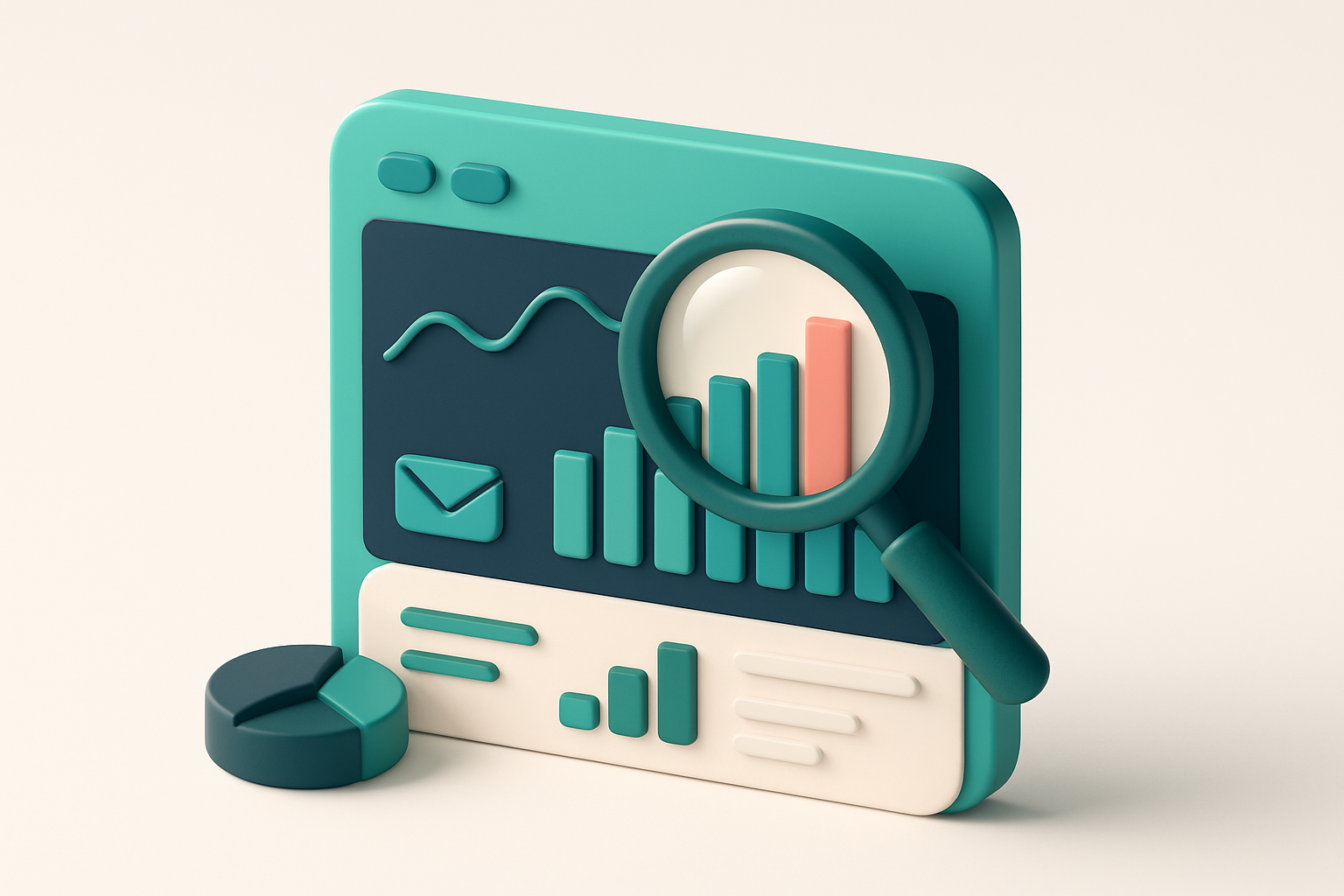 In-body 1: an isometric dashboard showing email send times with graphs and a magnifying glass focusing on the holiday period.