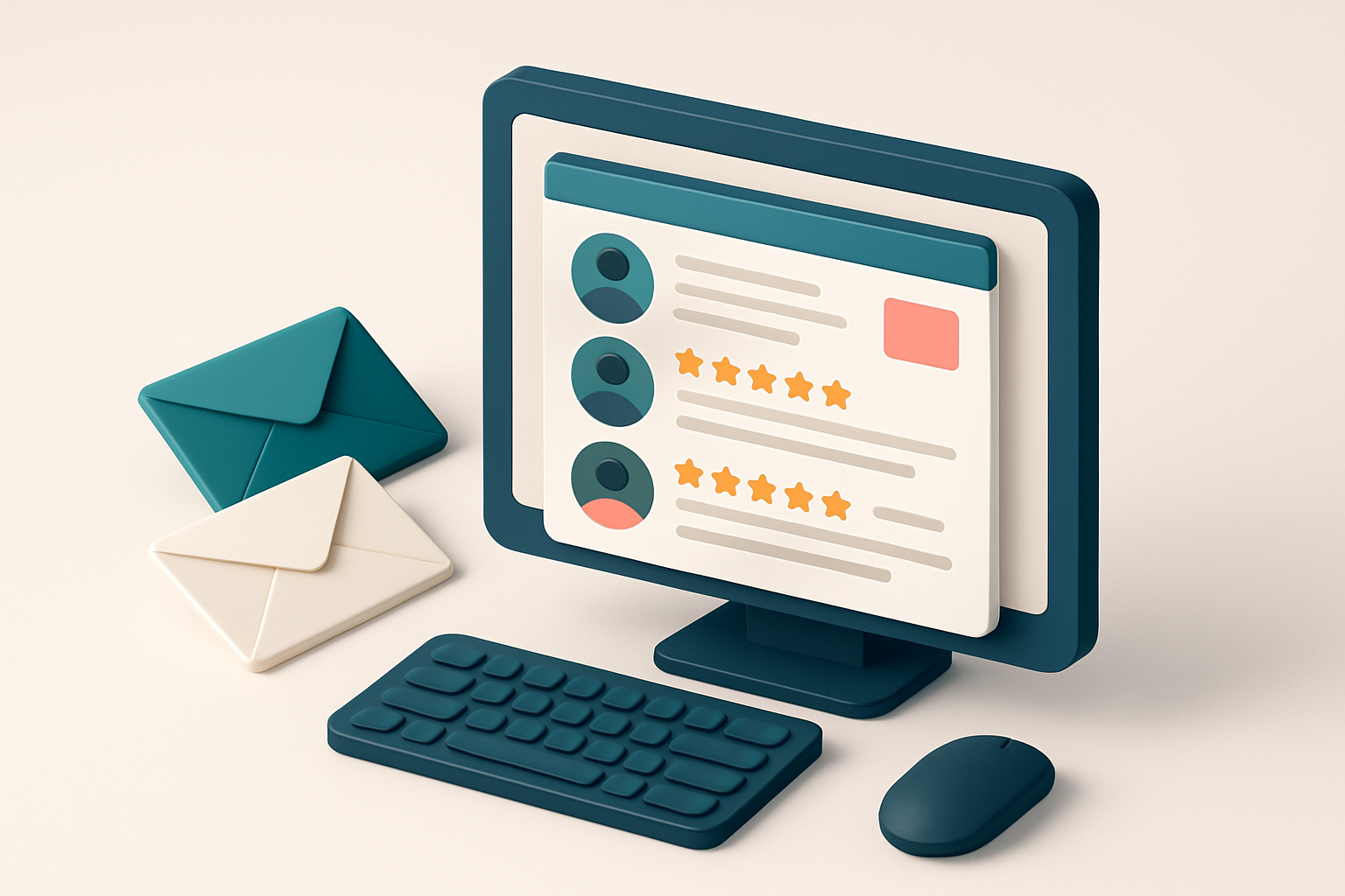 In-body 1: an isometric desk setup featuring a screen displaying customer testimonials in a newsletter template, alongside envelopes symbolizing email sends.