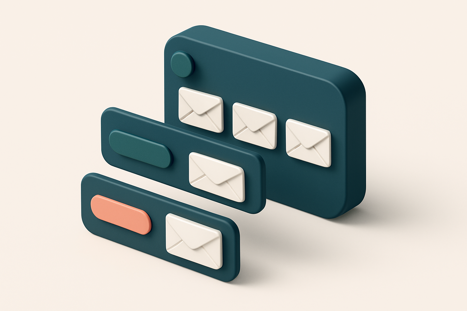 In-body 1: an isometric email inbox, with envelopes being categorized under seasonal tags like 'Spring Promotions' and 'March Events'.