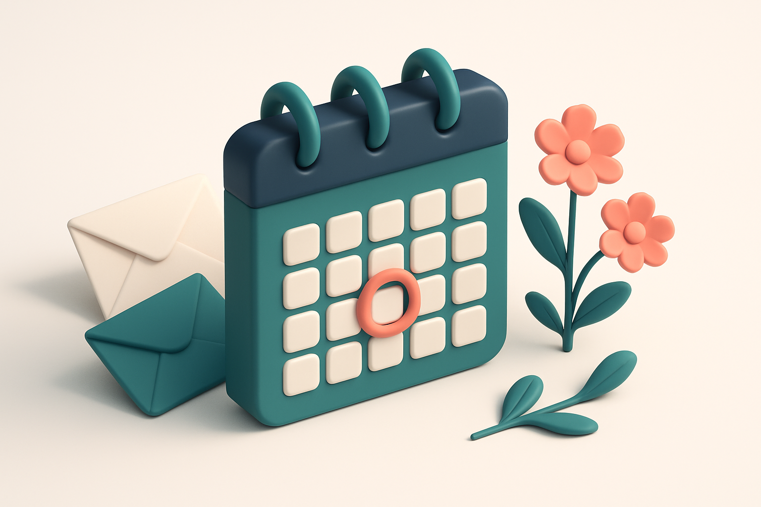 In-body 1: An isometric drawing of a calendar with March's first day circled, surrounded by design elements like envelopes and flowers symbolizing spring.