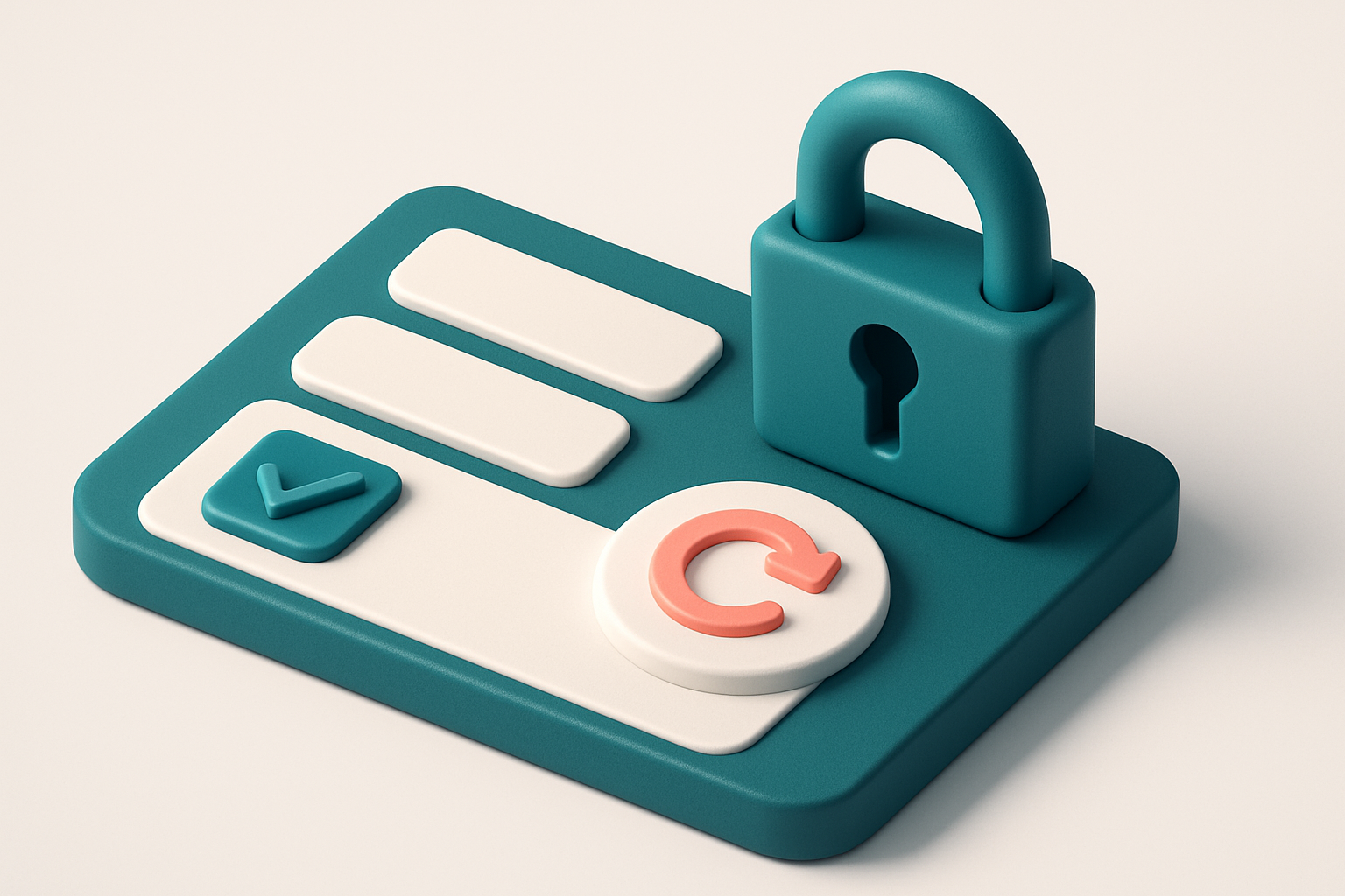 In-body 1: an isometric scene showing a CAPTCHA mechanism at the entry point of a web form guarded by a lock