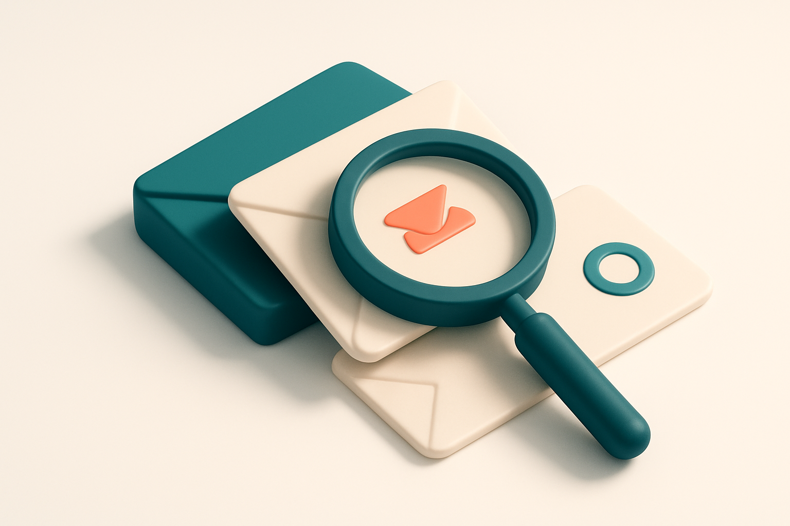 In-body 1: an isometric scene of a magnifying glass over a stack of envelopes, one marked as catch-all, another as valid.