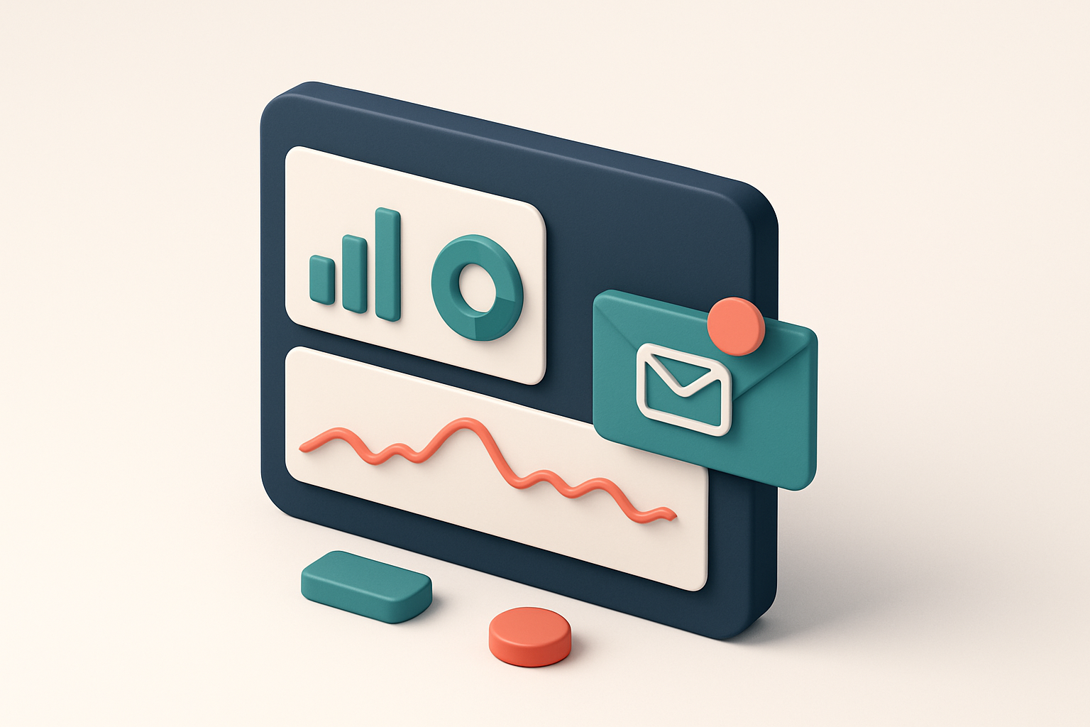 In-body 1: an isometric scene showing a dashboard with graphs and charts analyzing email open times