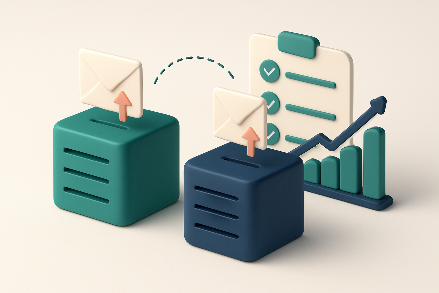 In-body 1: an isometric scene of email servers exchanging envelopes with graphs showing rising deliverability metrics alongside a checklist with ticks.