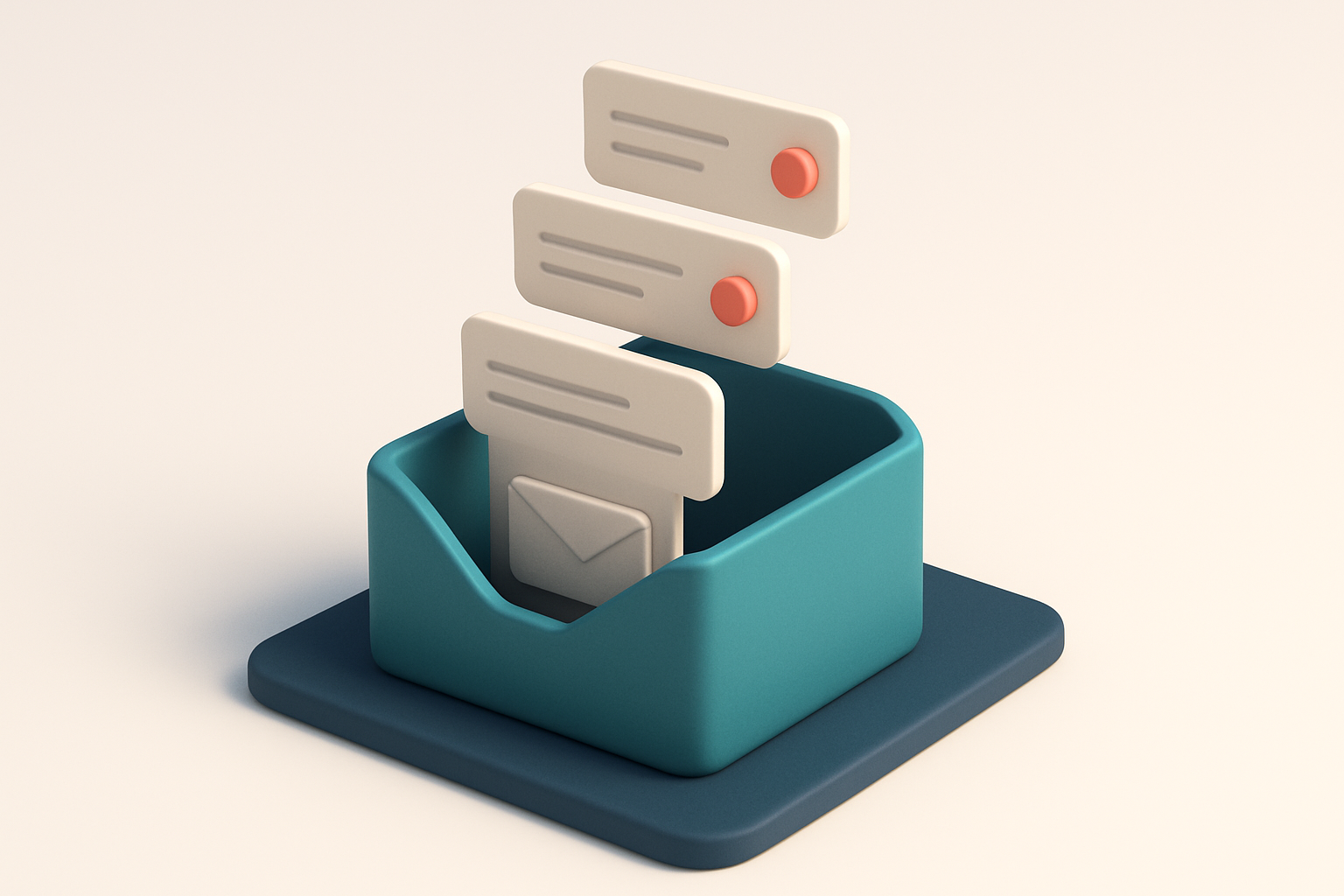 In-body 1: an isometric representation of an email inbox with time-stamped emails entering the inbox, highlighting the test-and-repeat process