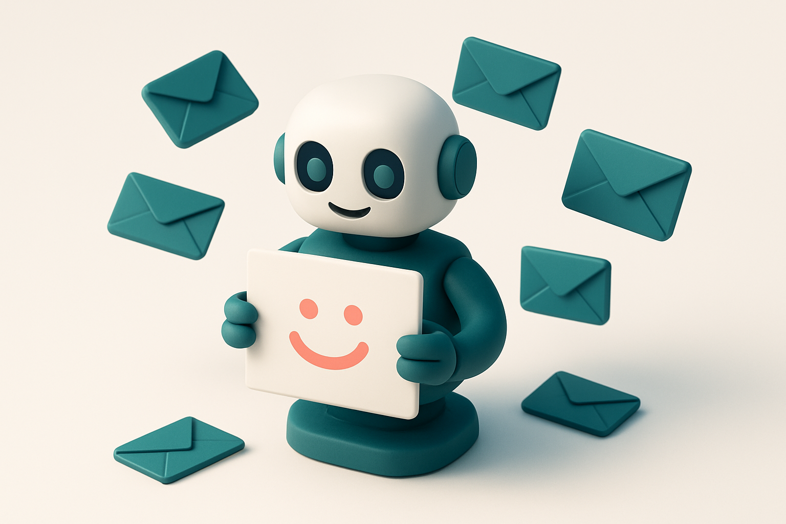 In-body 1: an isometric scene of an auto responder featuring a cheerful robot holding a humorous quote card, amidst a backdrop of bouncing emails.