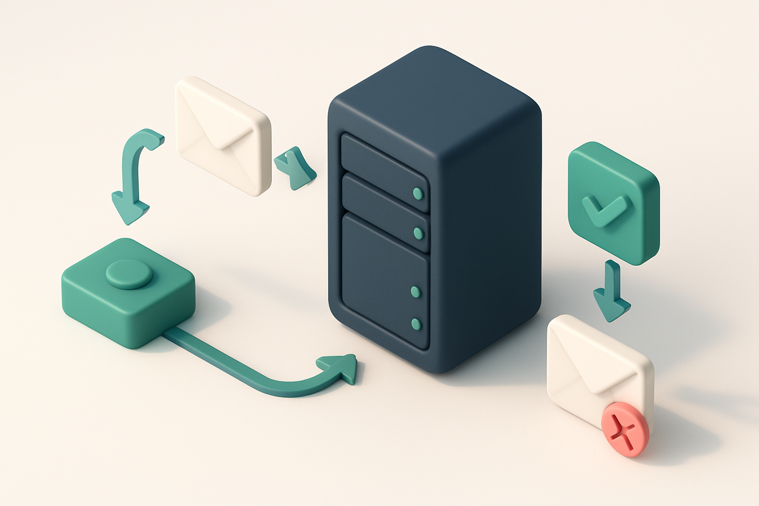 In-body 1: an isometric server setup showing email flow through SMTP and MX checks, with some emails passing and others redirected.