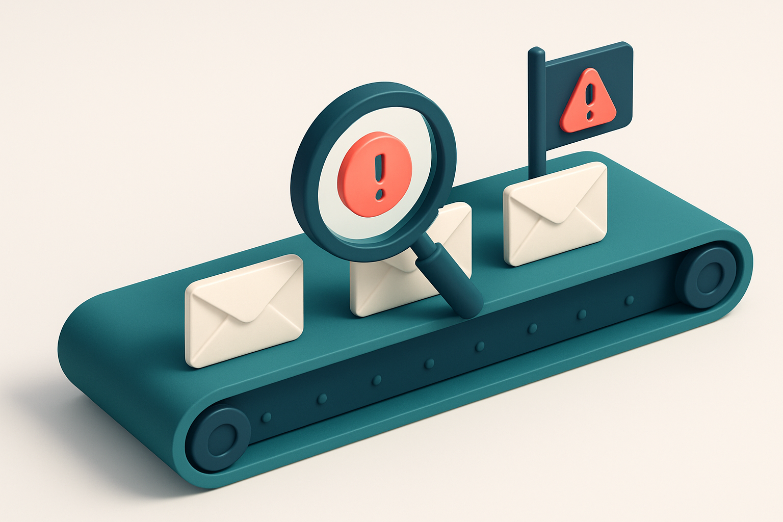 In-body 1: an isometric conveyor belt sorting emails with a magnifying glass scanning for spam traps and flags for detected threats