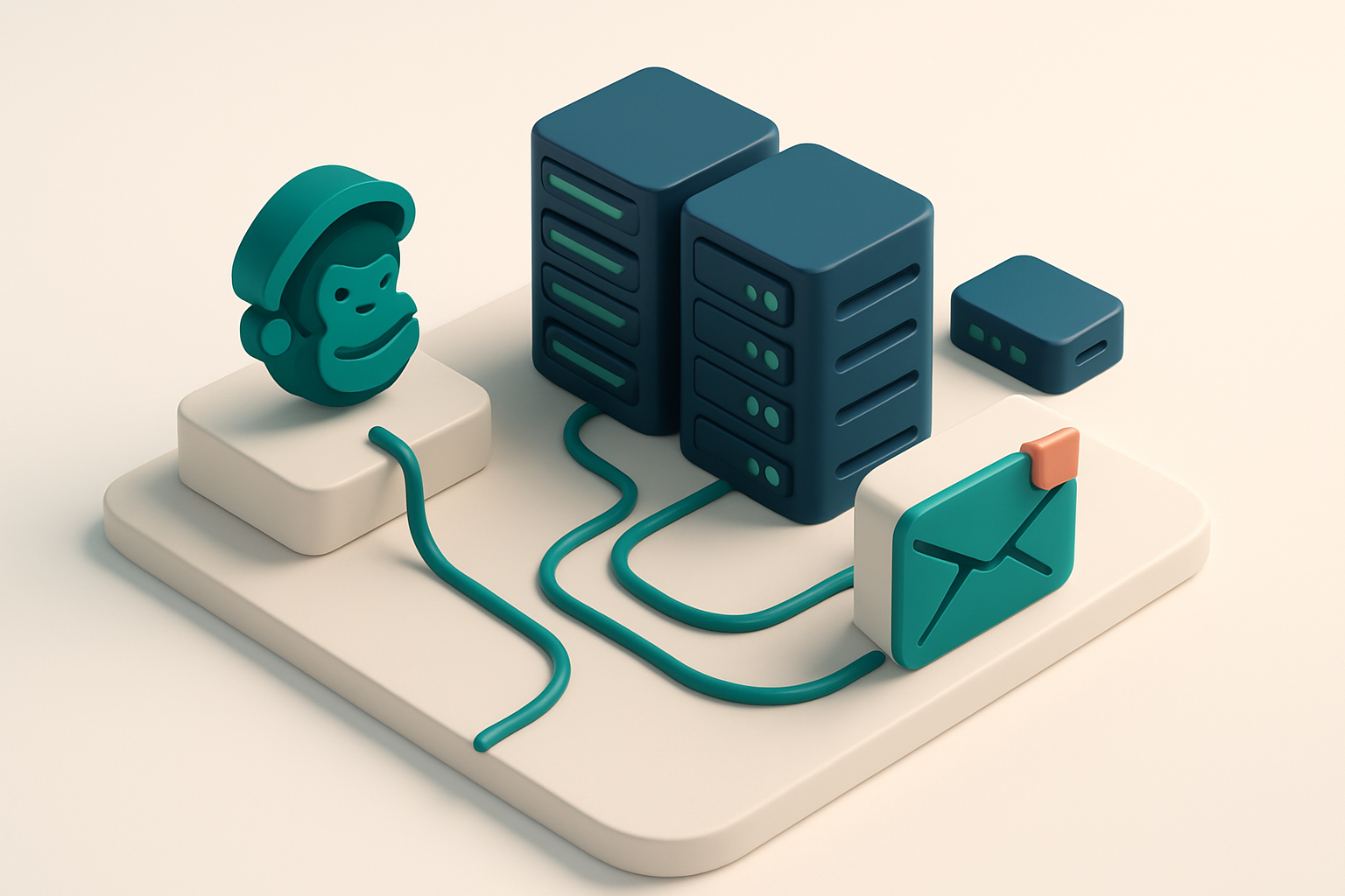 In-body 1: a scene showing an isometric server room, with lines representing data integration between platforms like Mailchimp and SendGrid.