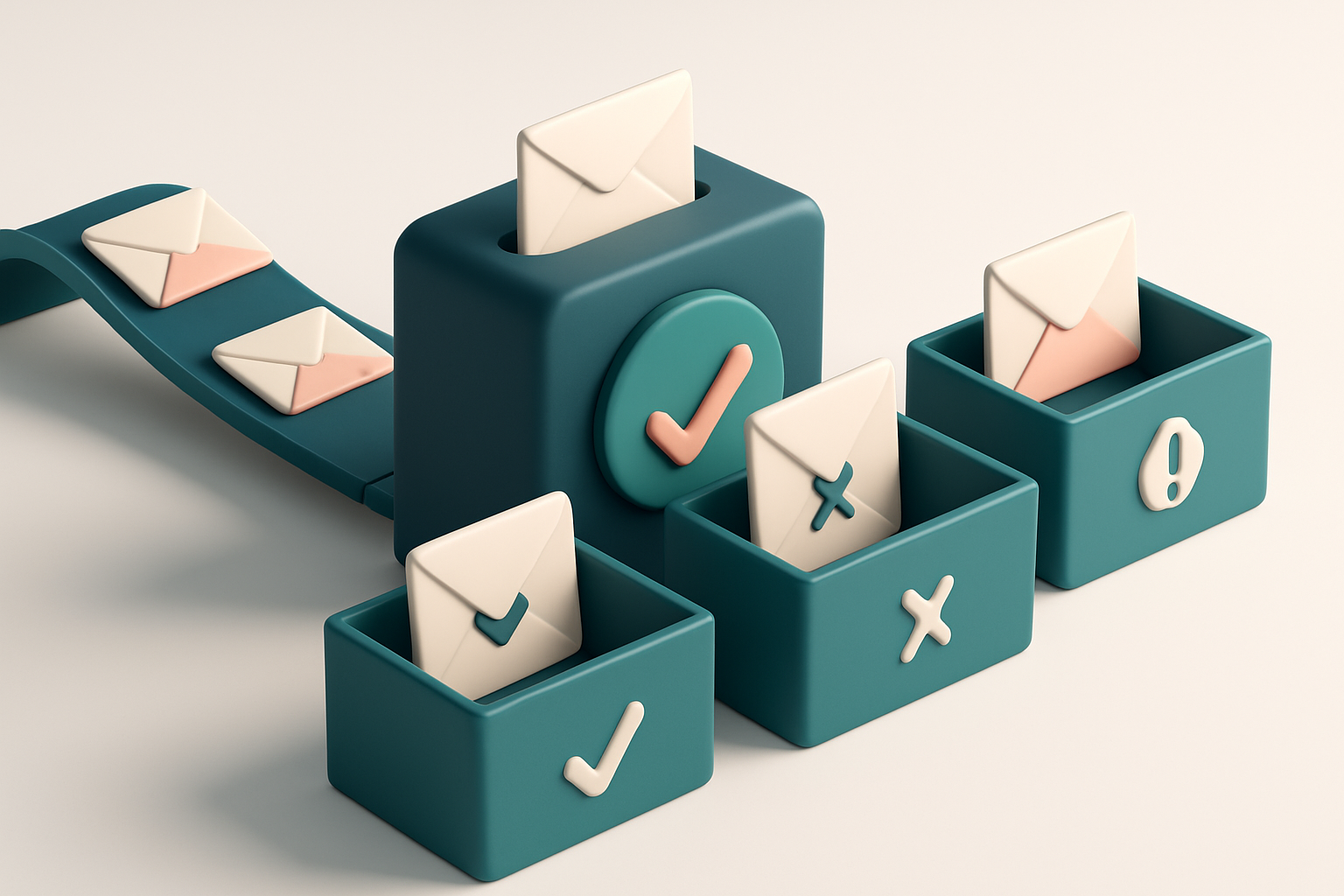 In-body 1: an isometric mail delivery system with envelopes being verified and sorted into 'valid', 'invalid', and 'risky' boxes