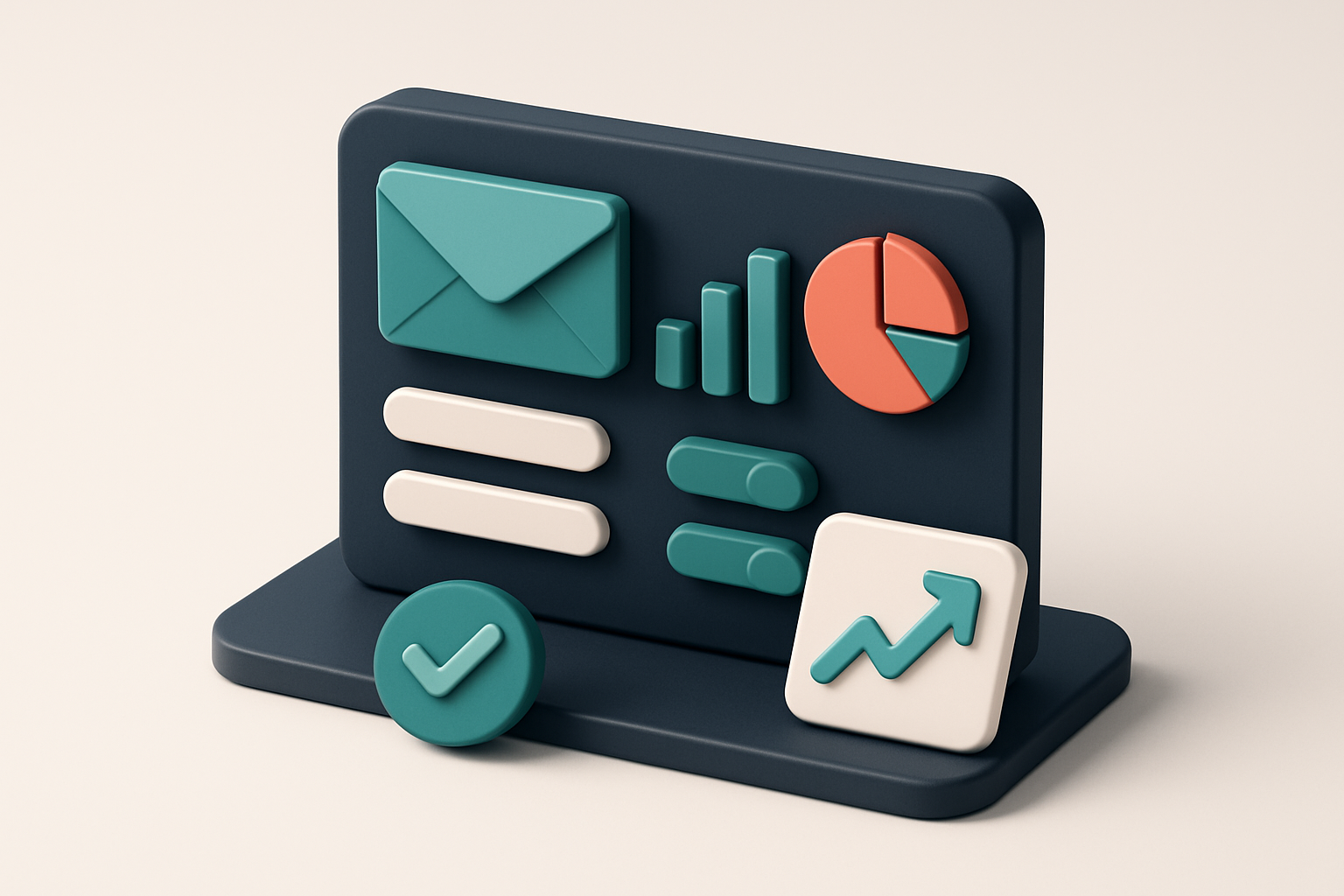 In-body 1: an isometric scene of an email dashboard showing metrics like open rates and click-through rates with graphical icons
