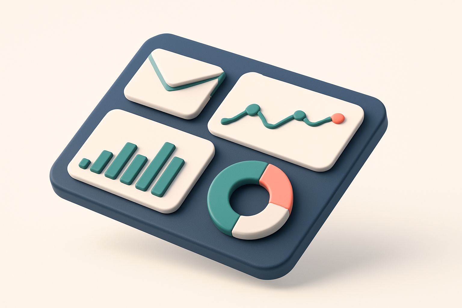 In-body 1: an isometric dashboard showing email list statistics, graphs indicating bounce rates and sender reputation.