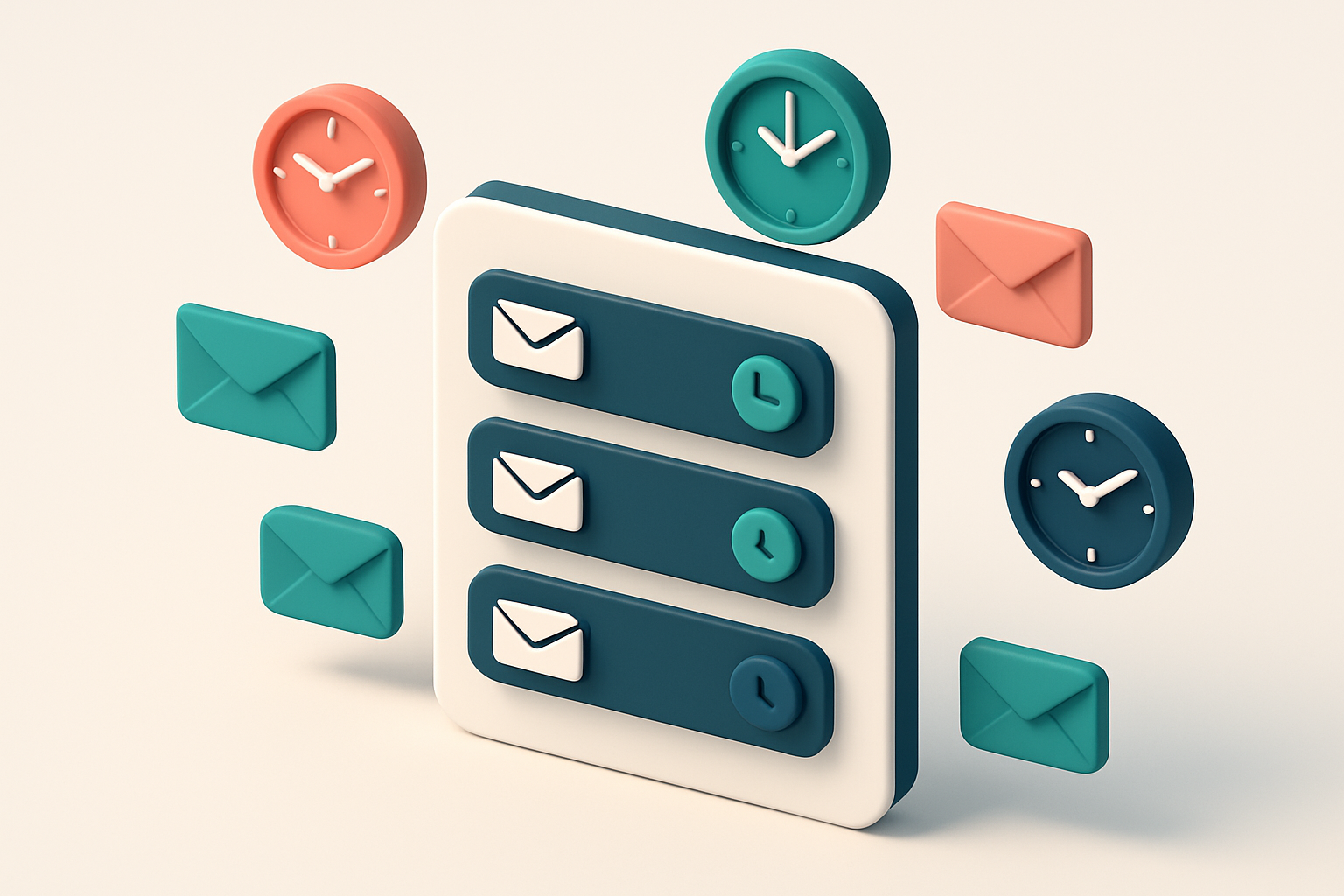 In-body 1: An isometric email dashboard showing different scheduled send times based on time zones, with clocks and email icons.