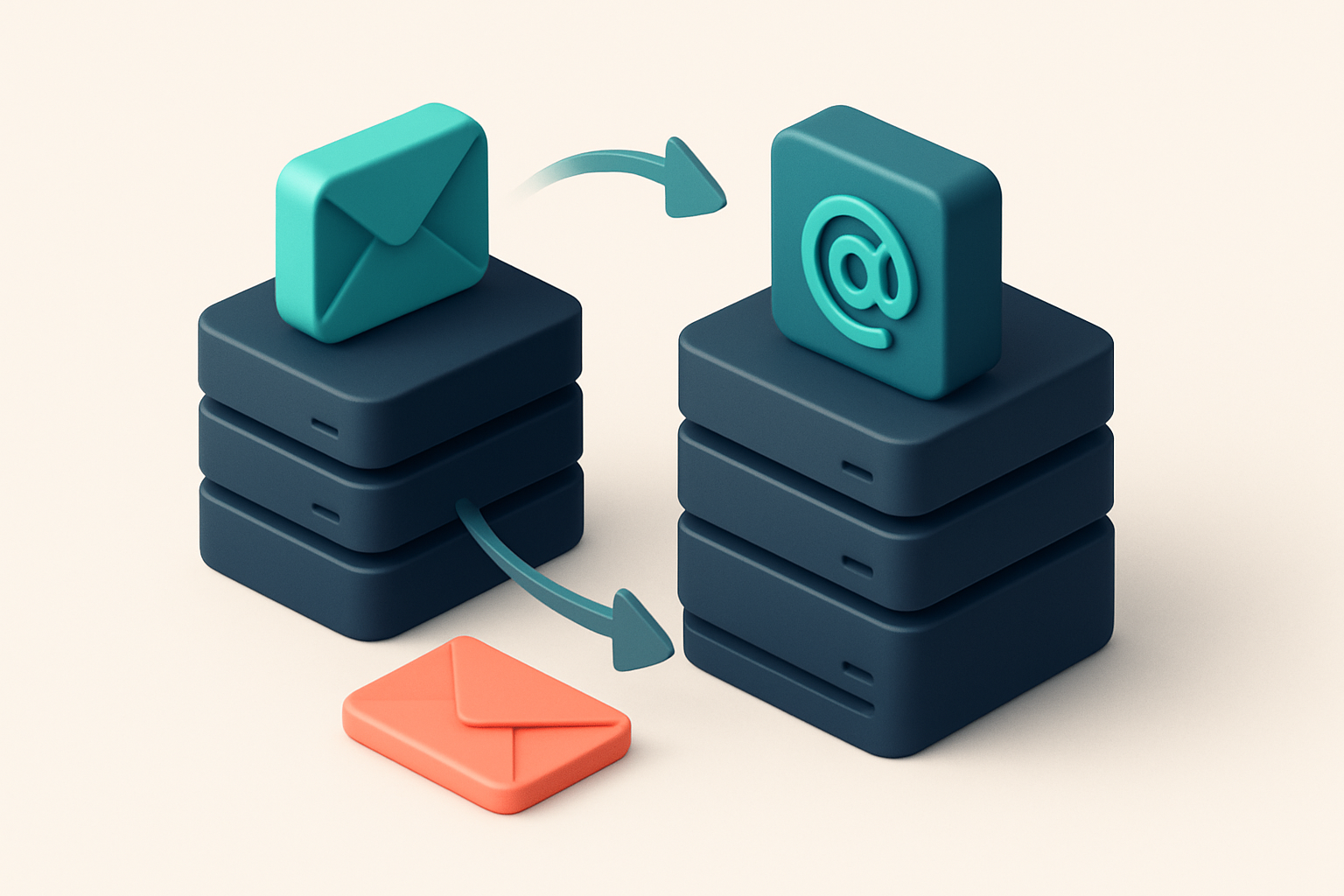 In-body 1: an isometric view of email server stacks, illustrating SMTP and MX records with arrows representing data flow.