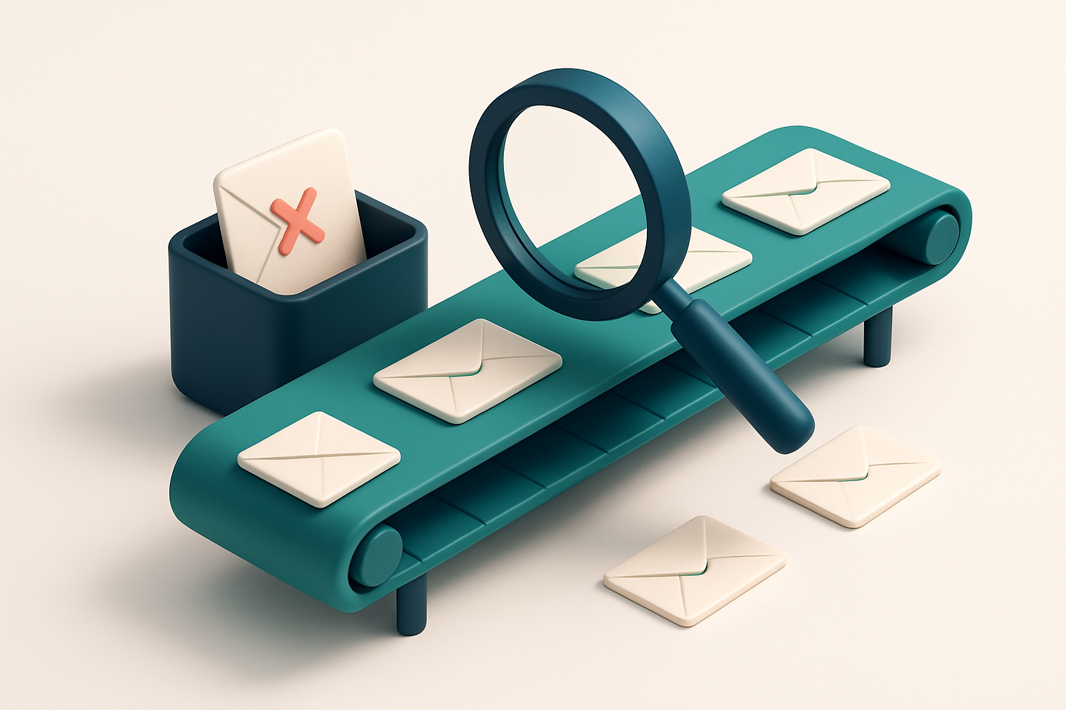 In-body 1: an isometric scene showing a conveyor belt with emails being scanned by a large magnifying glass, sorting invalid addresses into a bin and valid ones