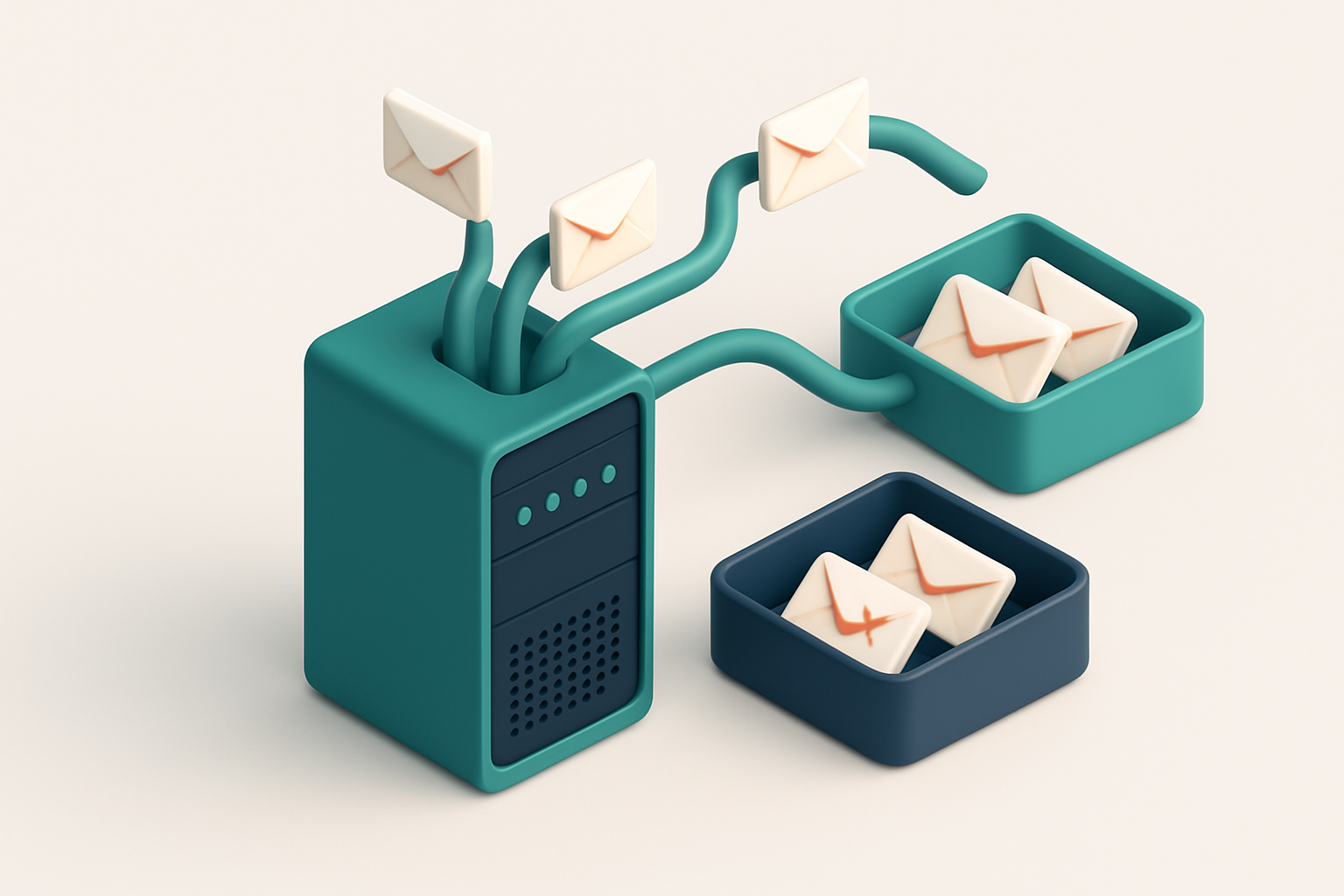 In-body 1: an isometric server room with email icons flowing through cables being filtered into valid and invalid trays.