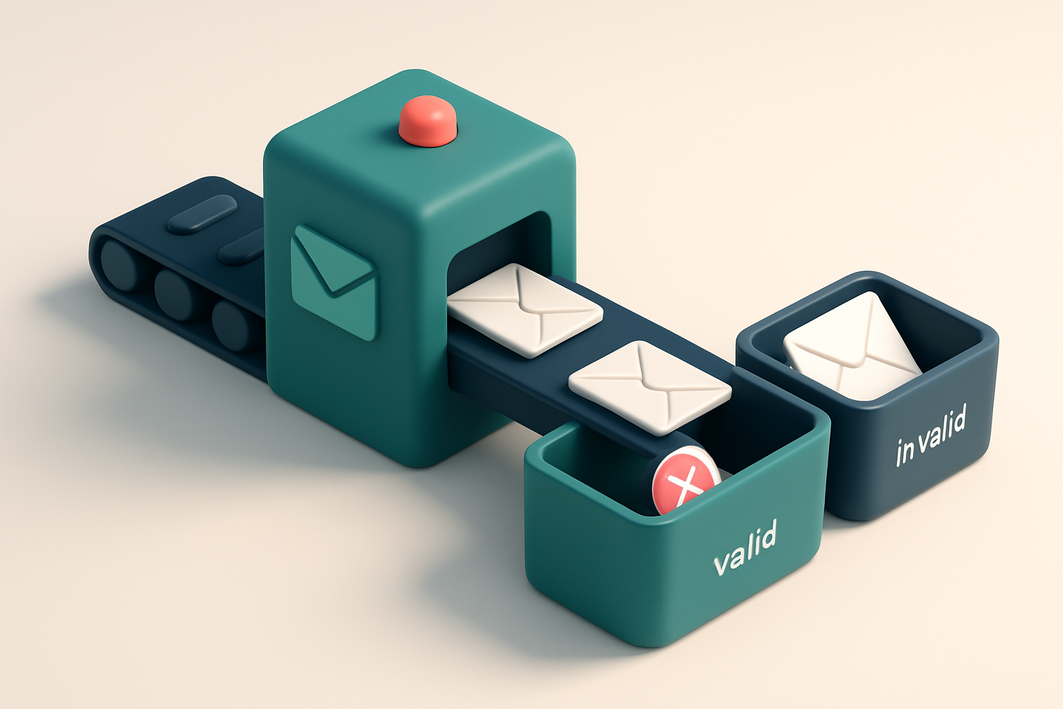 In-body 1: an isometric view of an email list being processed by a conveyor belt, sorting emails into valid and invalid trays.