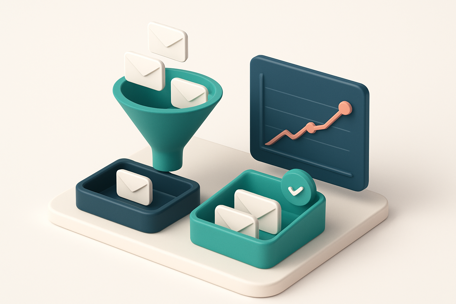 In-body 1: an isometric scene showing an email funnel where emails are divided into 'verified' and 'unverified' sections, with a graph illustrating improved del