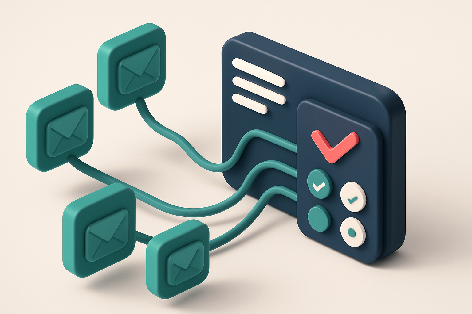 In-body 1: an isometric scene of a real-time verification API dashboard with data streams connecting to various email inboxes, showing checks in progress.