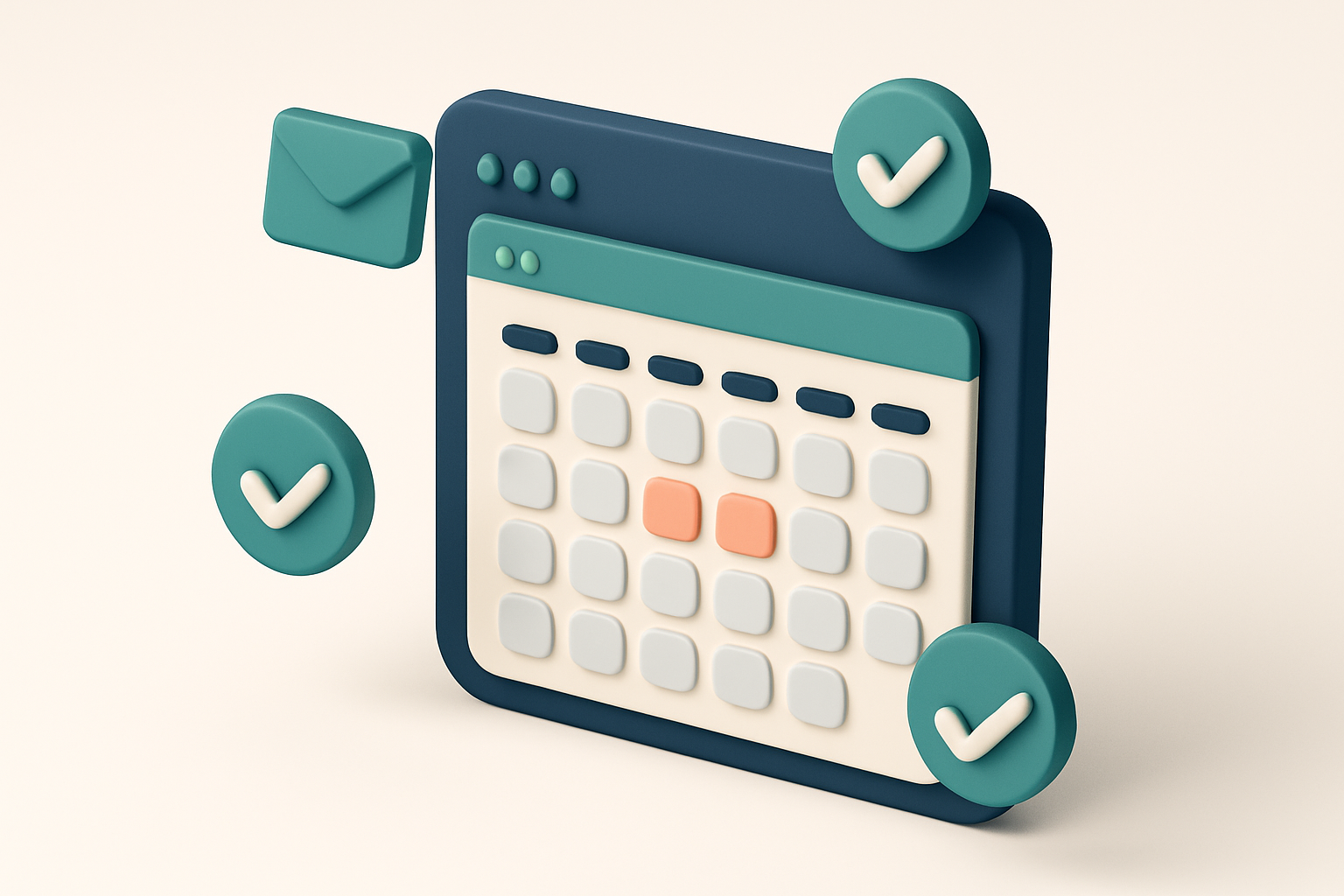 In-body 1: a digital dashboard showing a calendar with February holidays highlighted, surrounded by mail icons and checkmarks.