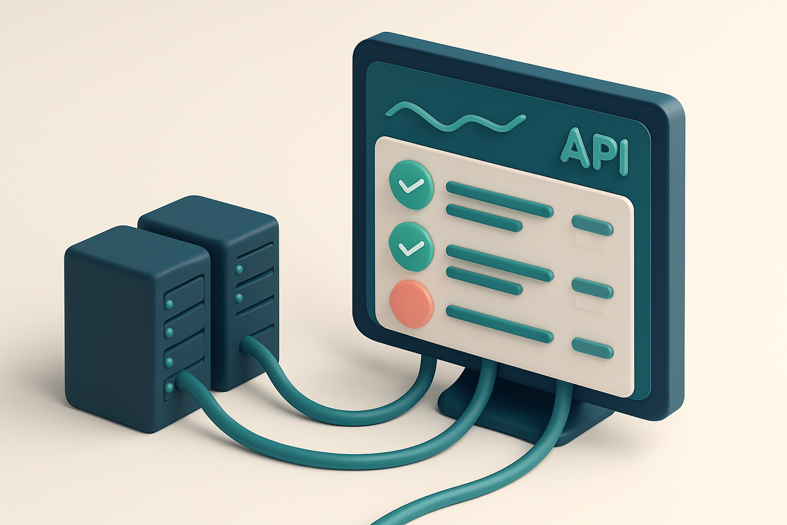 In-body 1: an isometric server room with cables connecting to a large API dashboard displaying verification processes in real-time.
