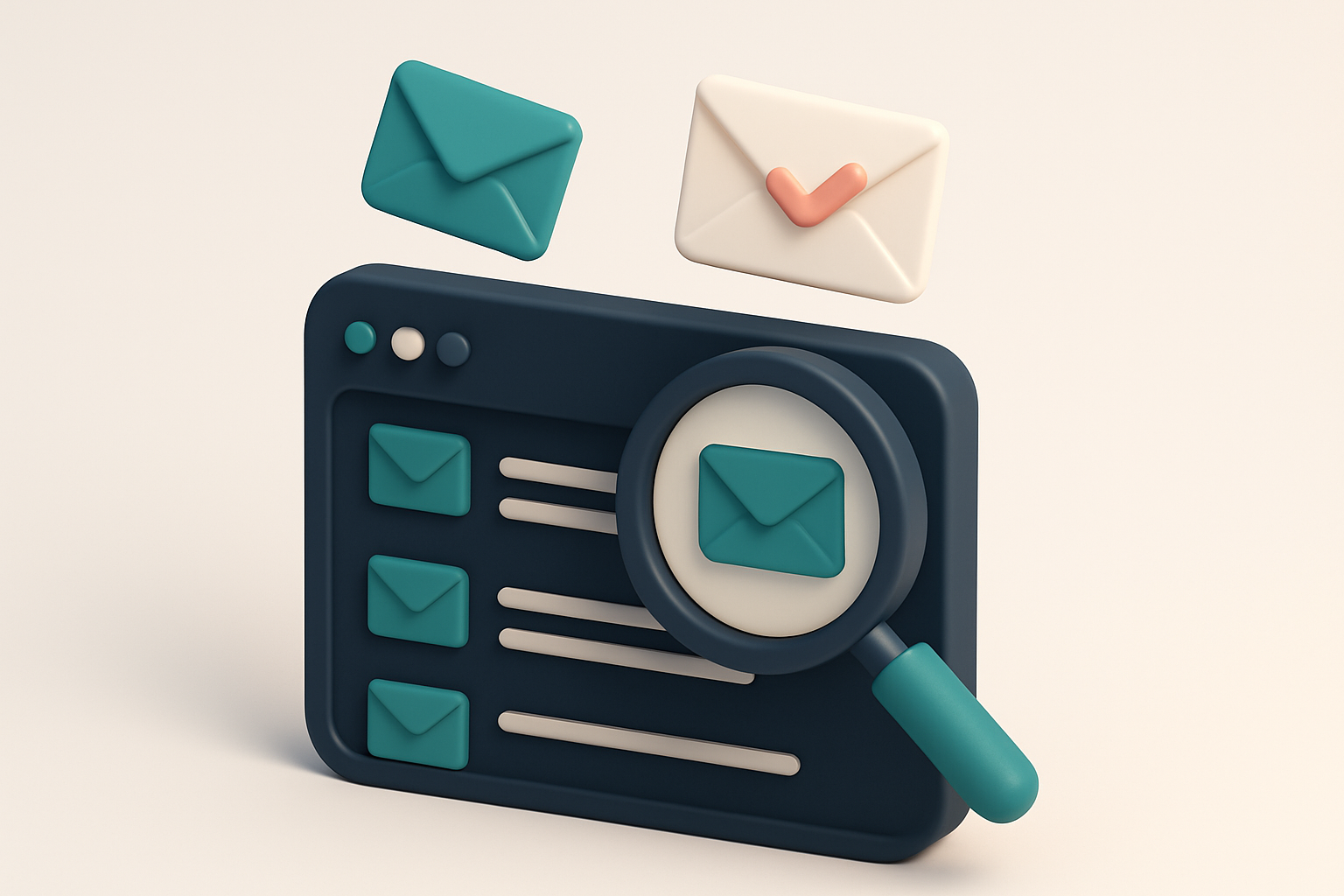 In-body 1: an isometric illustration of an email inbox with various envelopes being scanned by a magnifying glass, showing real-time verification.