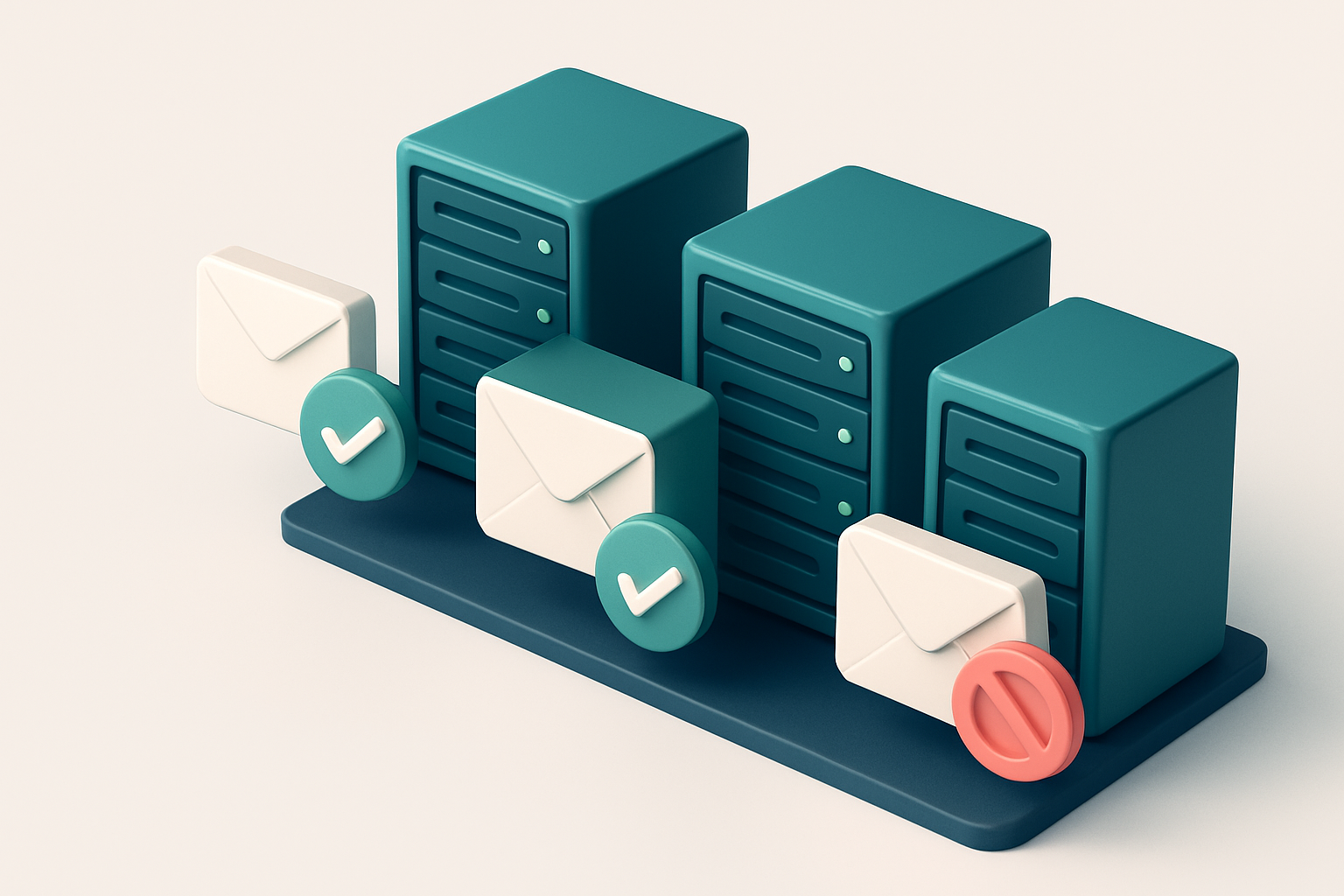 In-body 1: a server room with email servers, each with checkmarks or blocked symbols indicating valid or invalid status