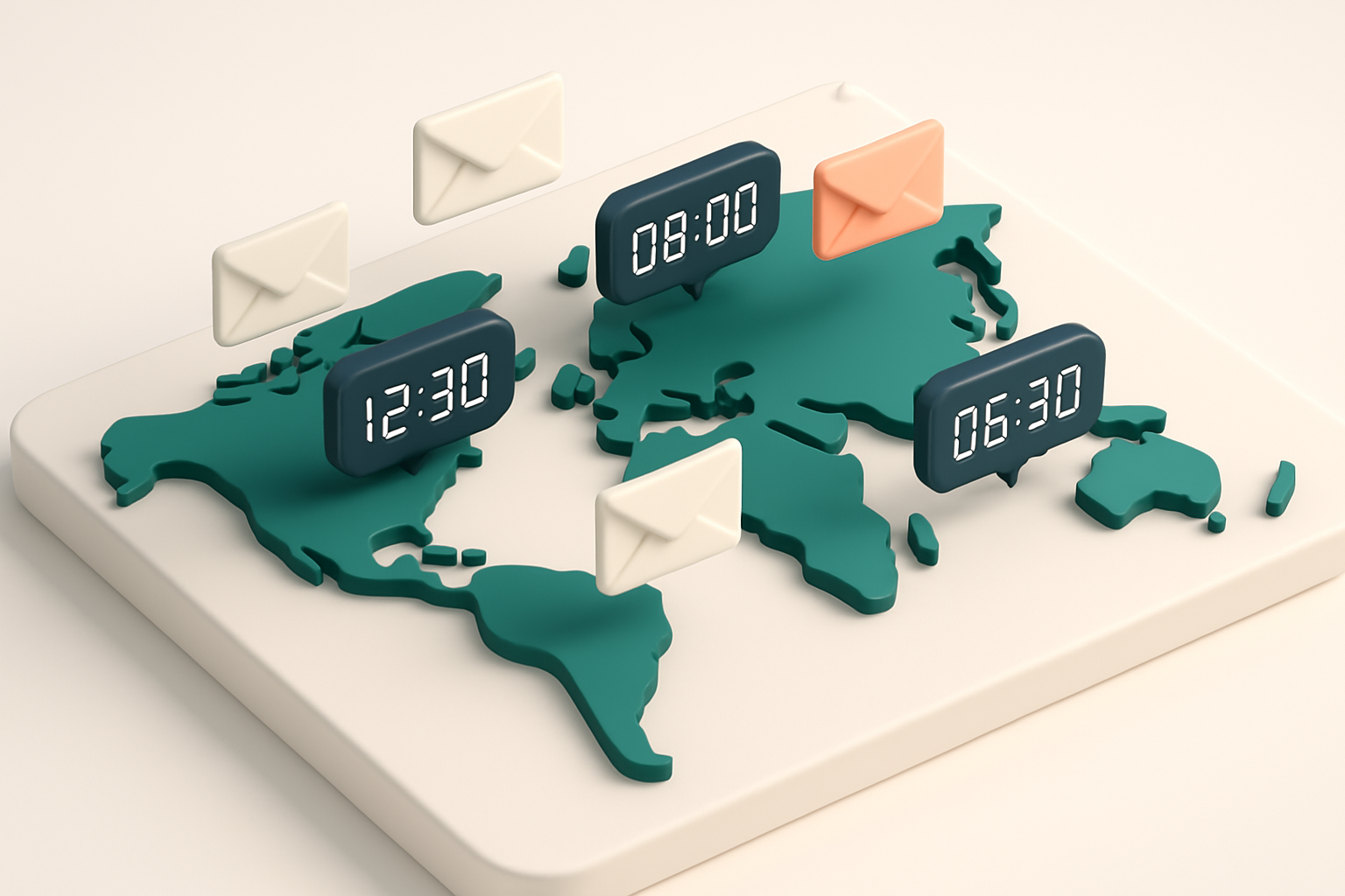 In-body 1: an isometric scene of a world map, highlighting time zones with digital clocks, and email envelopes hovering over different regions.