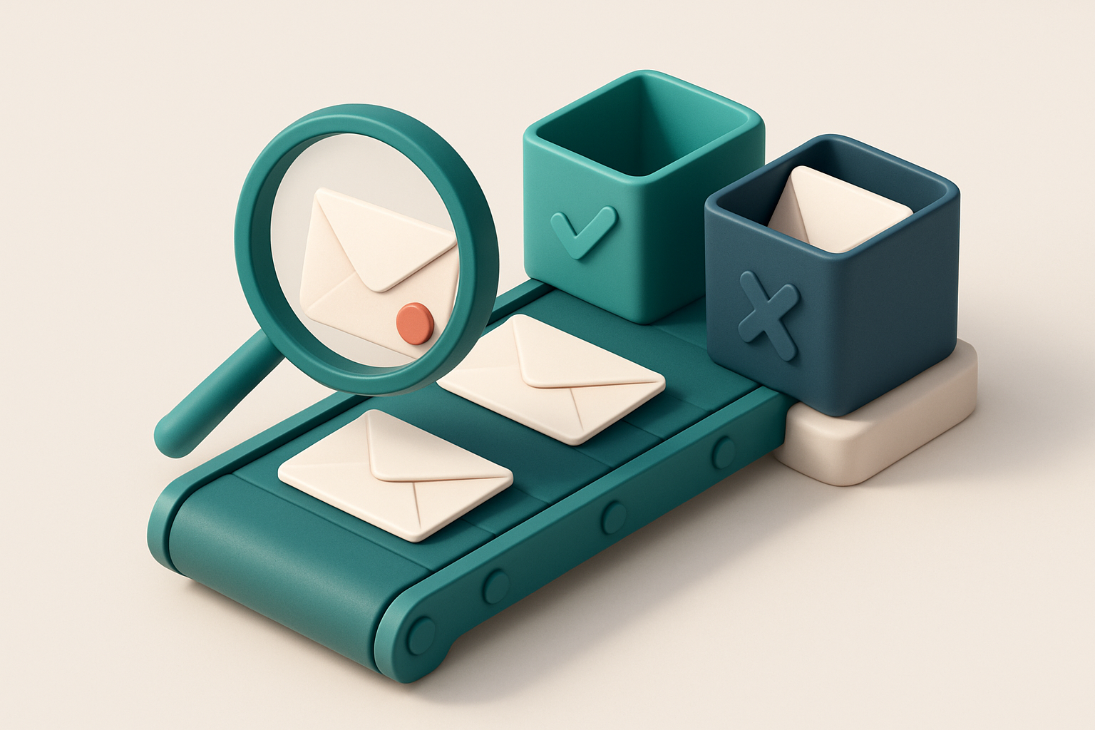 In-body 1: a digital conveyor belt sorting envelopes into 'valid' and 'invalid' trays, with a magnifying glass examining an envelope