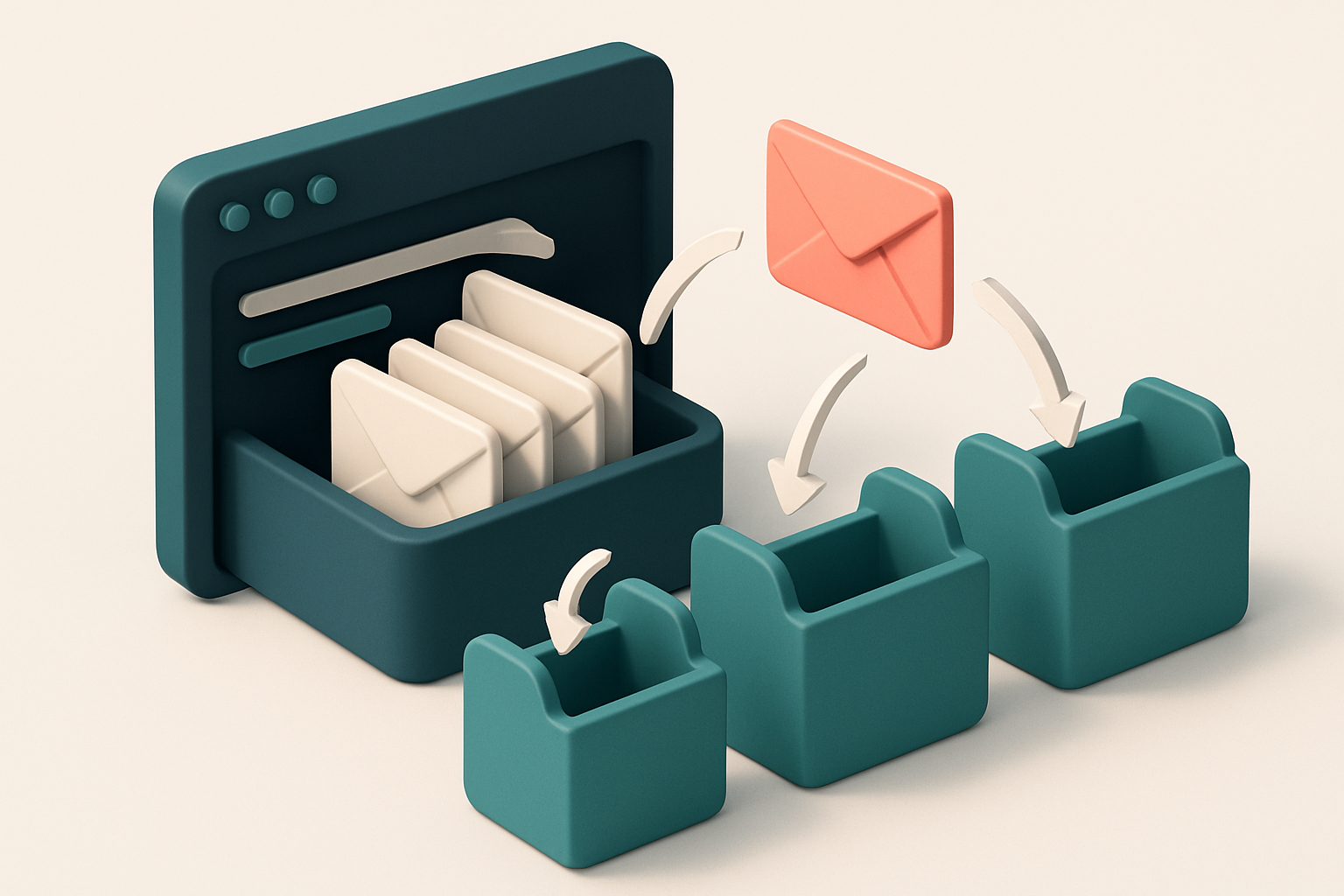 In-body 1: an isometric open email inbox where emails are being sorted into folders labeled 'students', 'parents', and 'teachers', representing segmentation in