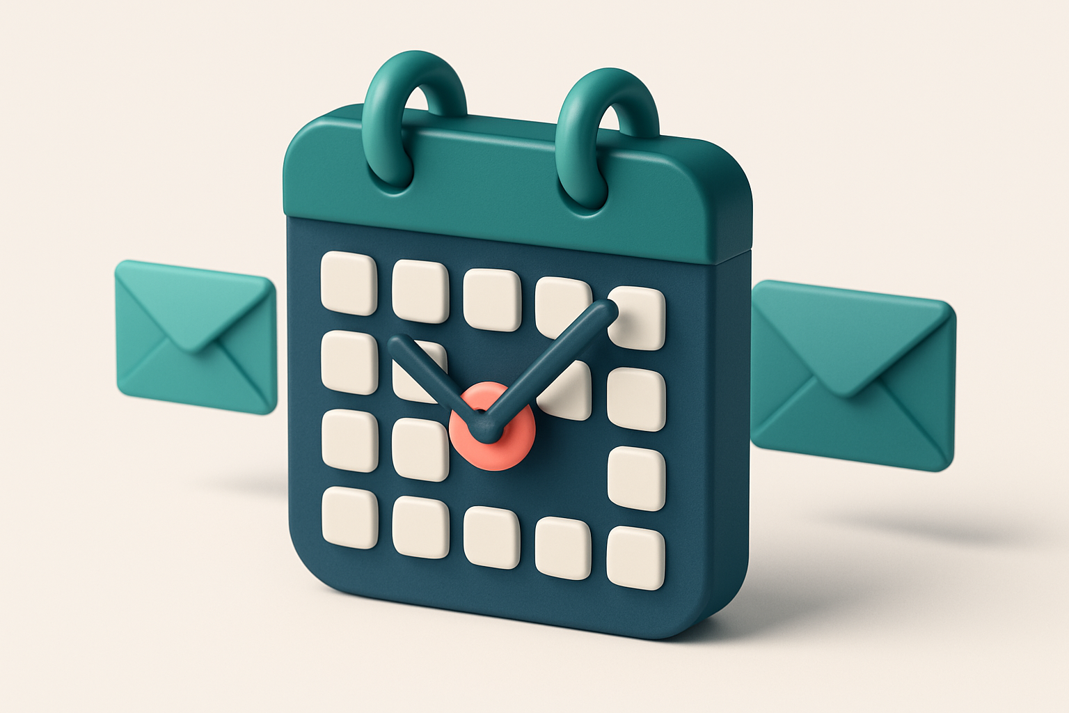 In-body 1: an isometric calendar with clock hands and envelopes, showing the importance of timing in email send-off